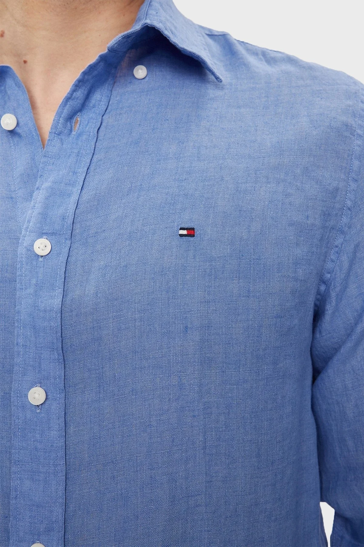 Tommy Hilfiger Düğmeli Yaka % 100 Keten Regular Fit Erkek Gömlek MW0MW34602 C30 MAVİ - 5