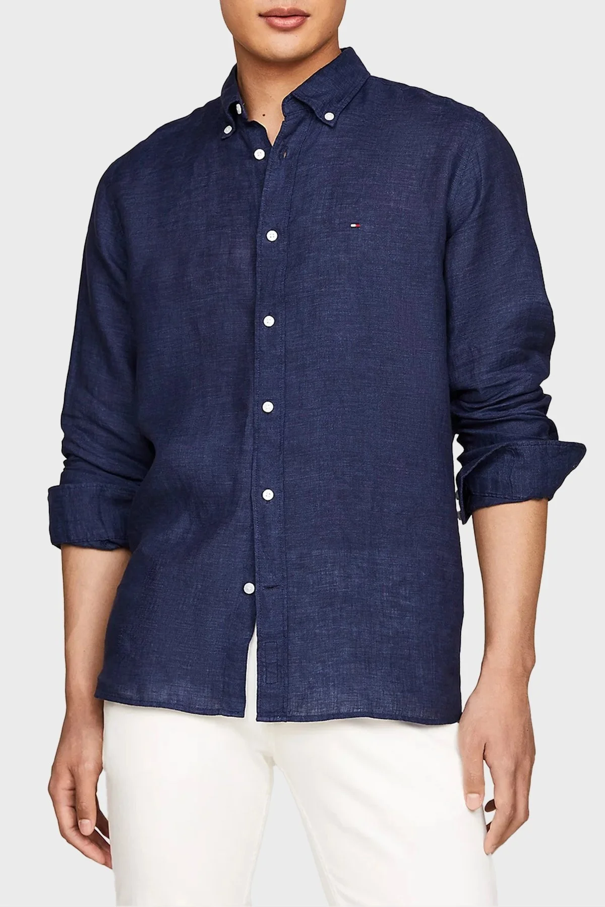 Tommy Hilfiger Düğmeli Yaka % 100 Keten Regular Fit Erkek Gömlek MW0MW34602 DCC LACİVERT - 6
