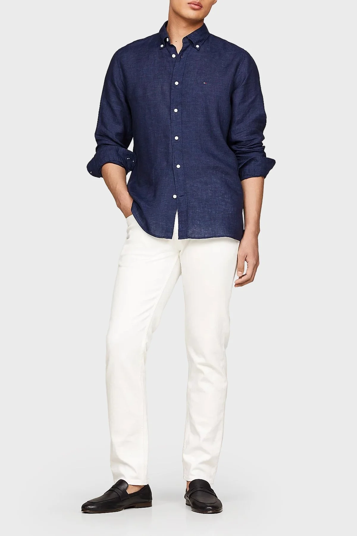 Tommy Hilfiger Düğmeli Yaka % 100 Keten Regular Fit Erkek Gömlek MW0MW34602 DCC LACİVERT - 9