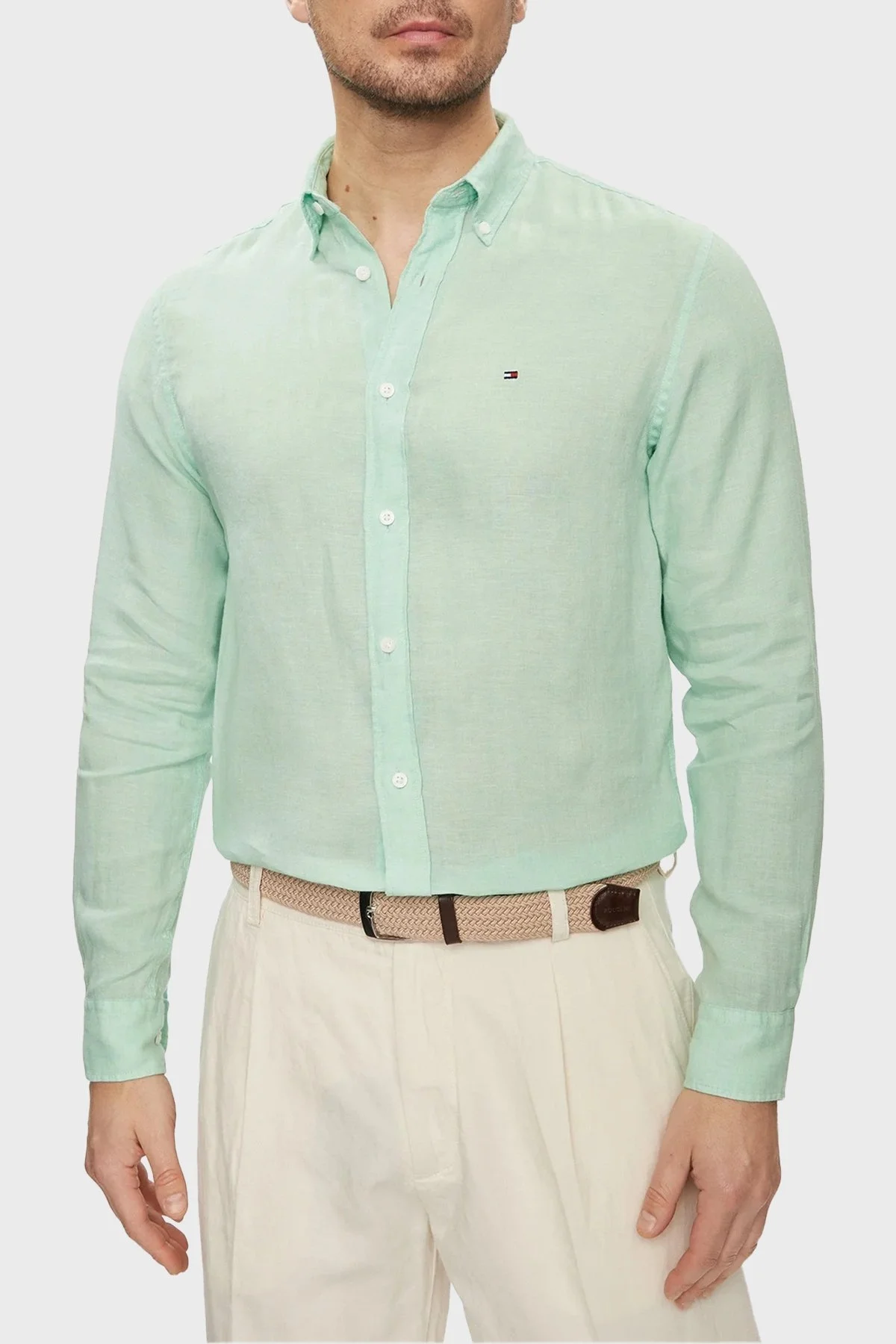 Tommy Hilfiger Düğmeli Yaka % 100 Keten Regular Fit Erkek Gömlek MW0MW34602 LXZ MİNT - 1