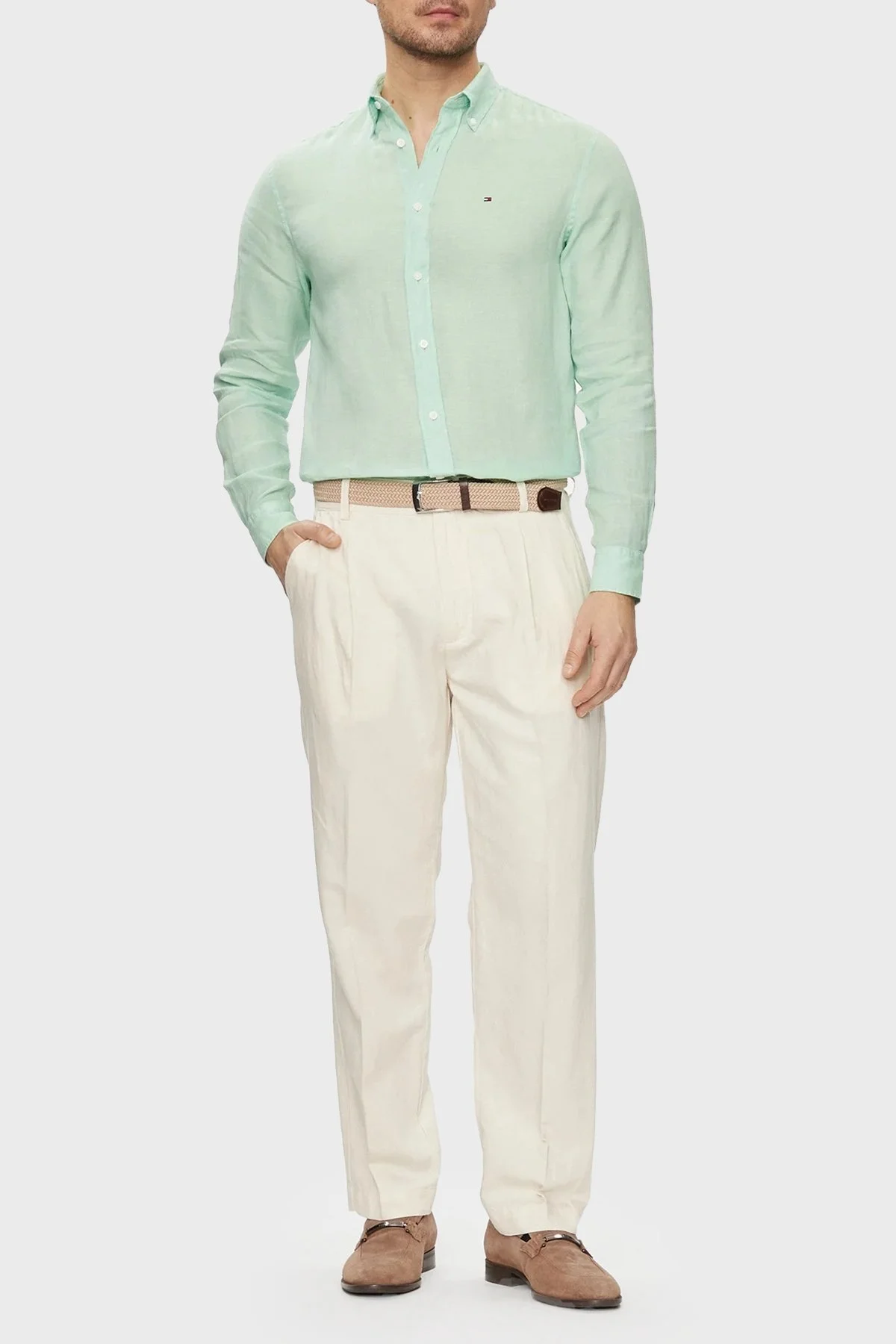 Tommy Hilfiger Düğmeli Yaka % 100 Keten Regular Fit Erkek Gömlek MW0MW34602 LXZ MİNT - 2