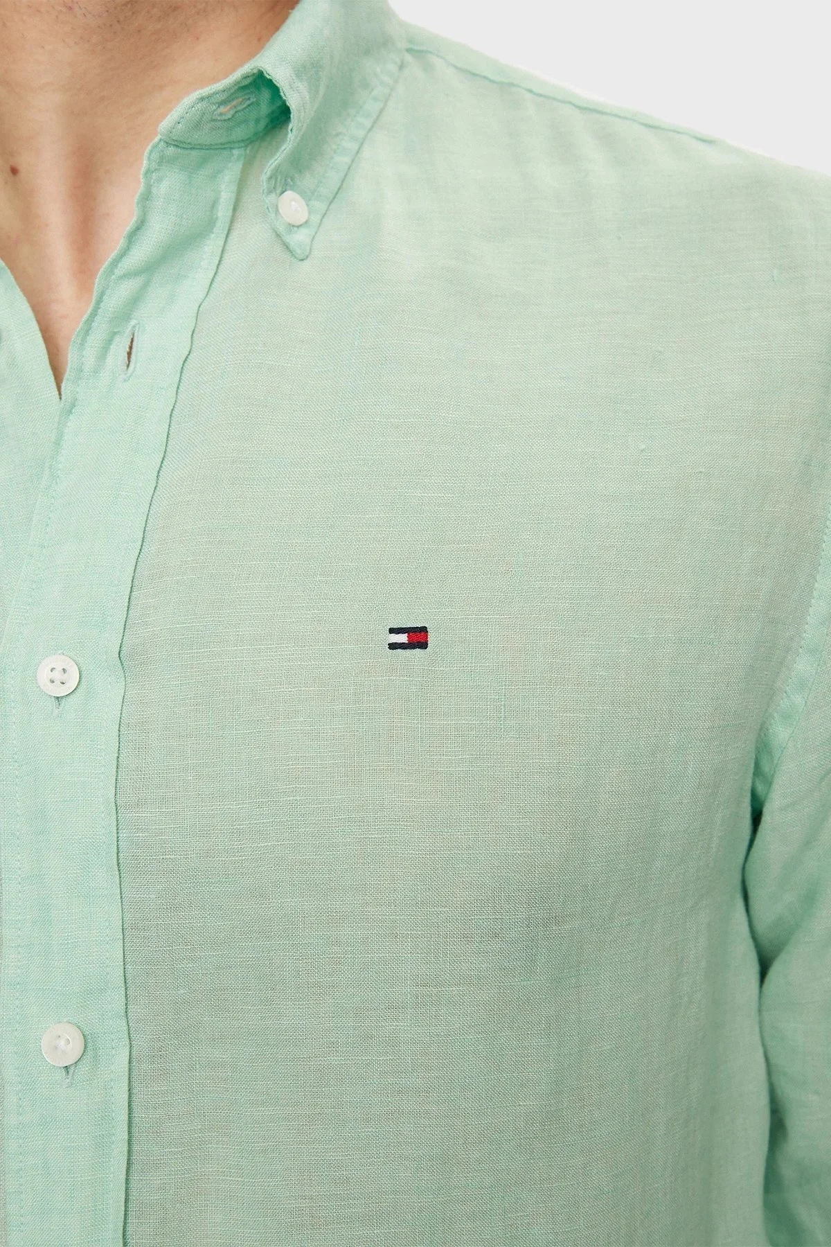 Tommy Hilfiger Düğmeli Yaka % 100 Keten Regular Fit Erkek Gömlek MW0MW34602 LXZ MİNT - 5