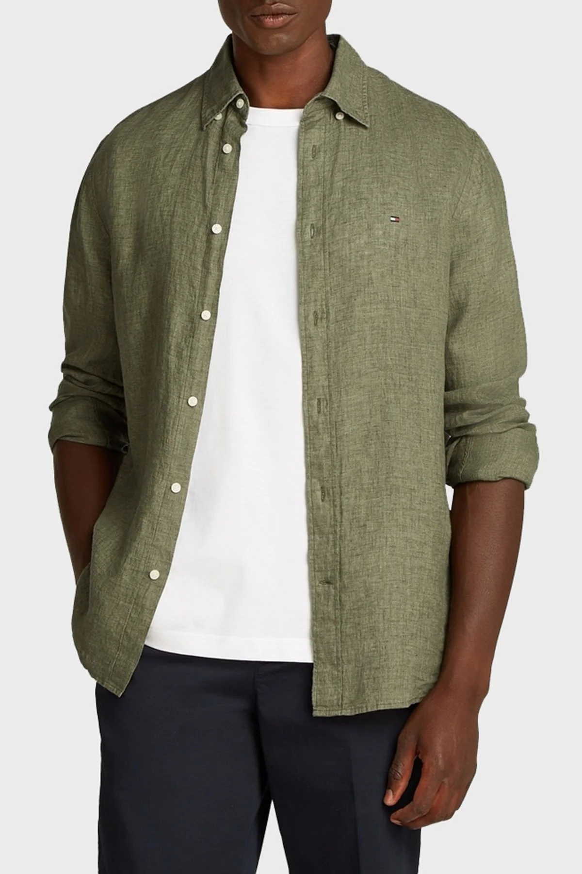 Tommy Hilfiger Düğmeli Yaka % 100 Keten Regular Fit Erkek Gömlek MW0MW34602 PLI YEŞİL - 7
