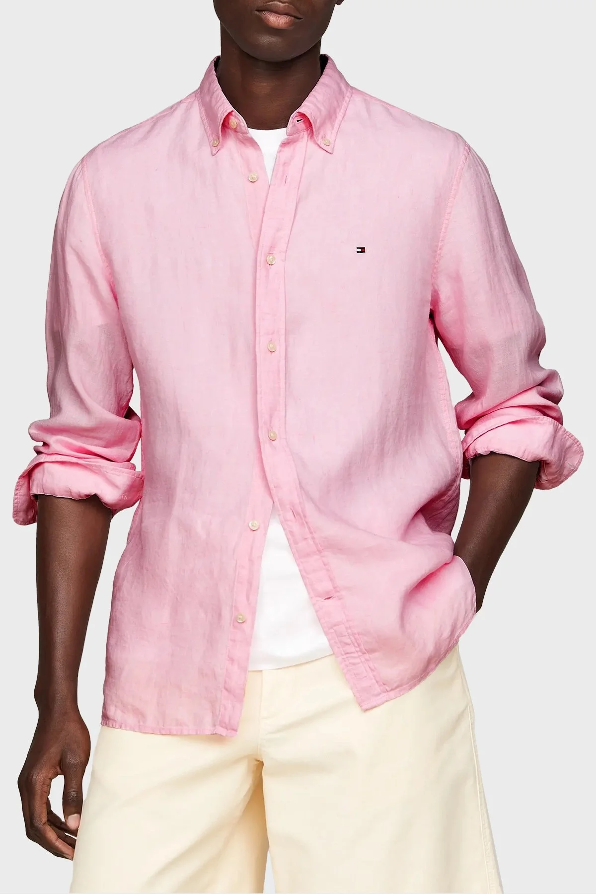 Tommy Hilfiger Düğmeli Yaka % 100 Keten Regular Fit Erkek Gömlek MW0MW34602 TJS PEMBE - 1