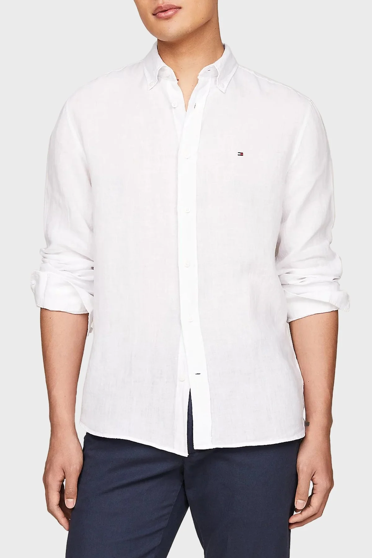 Tommy Hilfiger Düğmeli Yaka % 100 Keten Regular Fit Erkek Gömlek MW0MW34602 YCF BEYAZ - 6