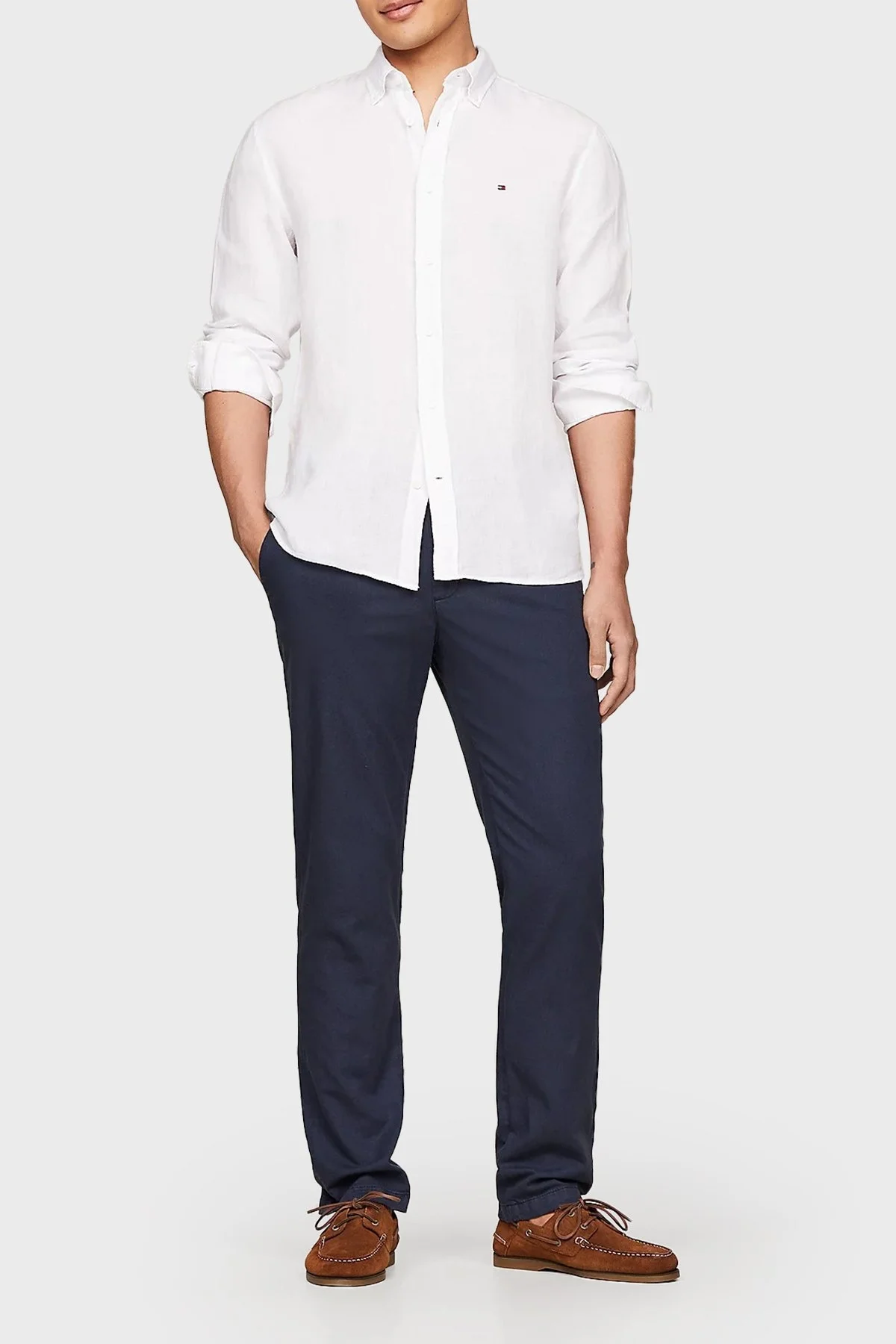 Tommy Hilfiger Düğmeli Yaka % 100 Keten Regular Fit Erkek Gömlek MW0MW34602 YCF BEYAZ - 8