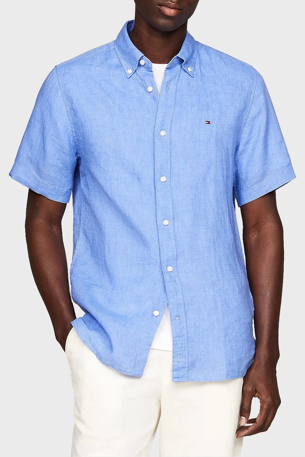 Tommy Hilfiger Düğmeli Yaka Kısa Kollu % 100 Keten Regular Fit Erkek Gömlek MW0MW35207 C30 MAVİ - 1