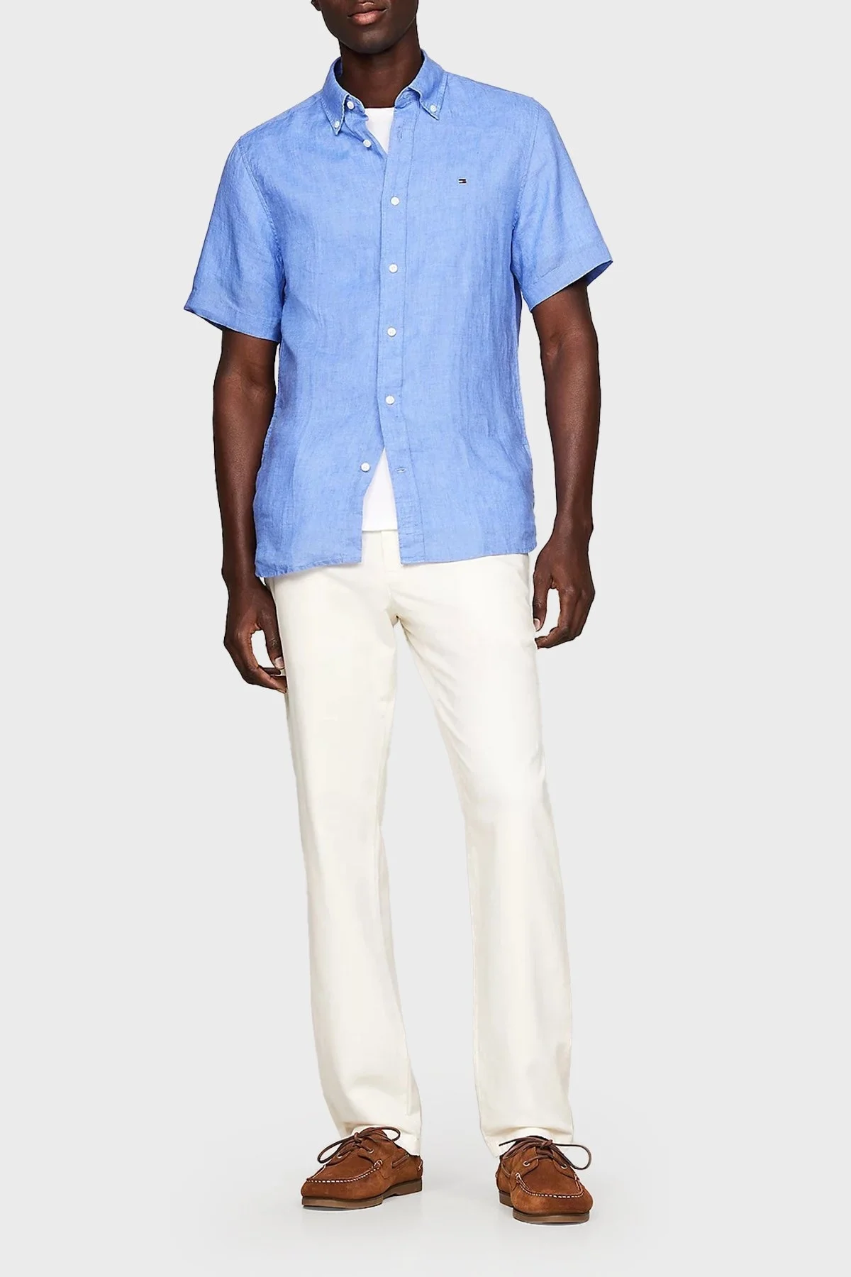 Tommy Hilfiger Düğmeli Yaka Kısa Kollu % 100 Keten Regular Fit Erkek Gömlek MW0MW35207 C30 MAVİ - 3