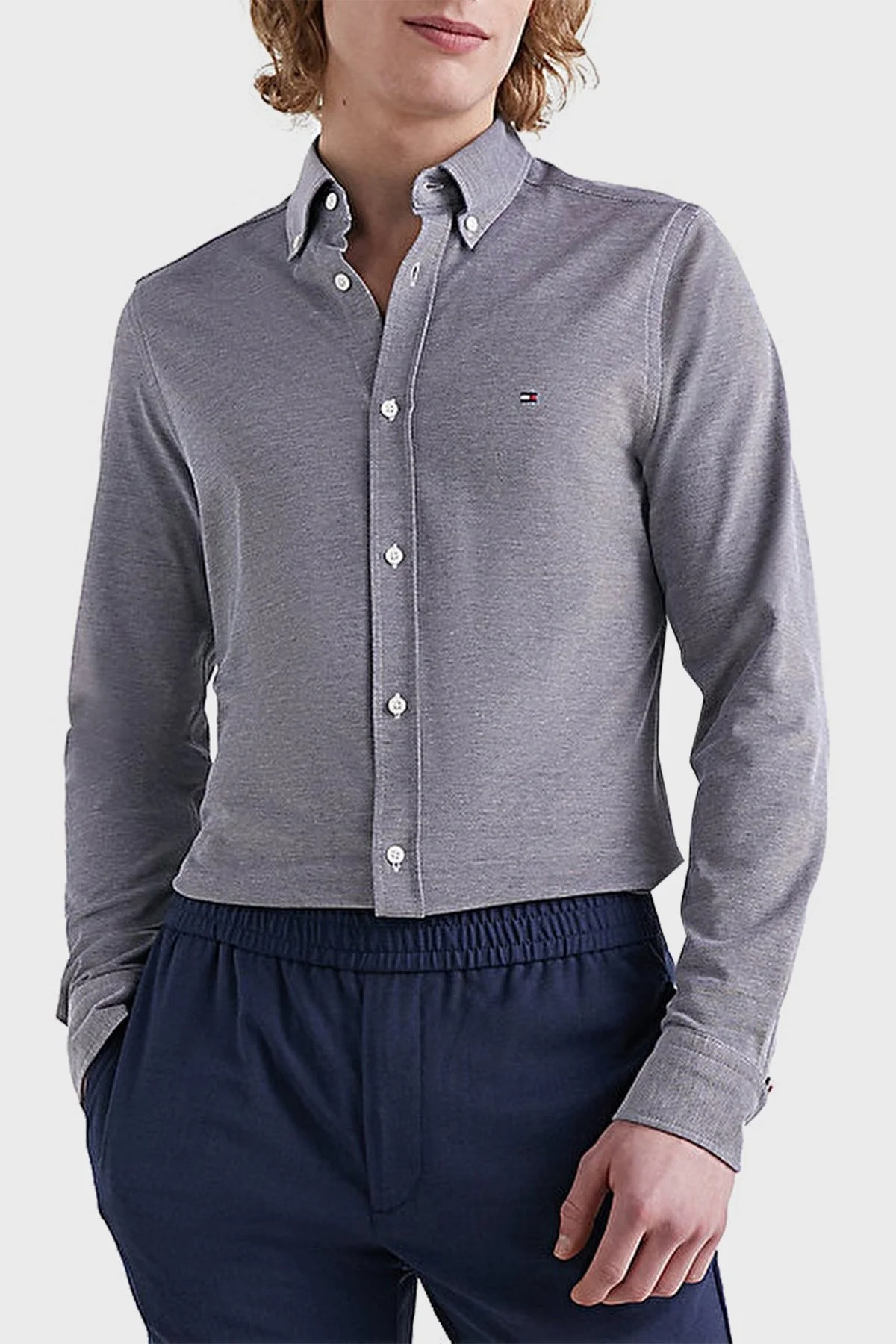 Tommy Hilfiger Düğmeli Yaka Organik Pamuklu Uzun Kollu Slim Fit Erkek Gömlek MW0MW30675 DCC LACİVERT - 1