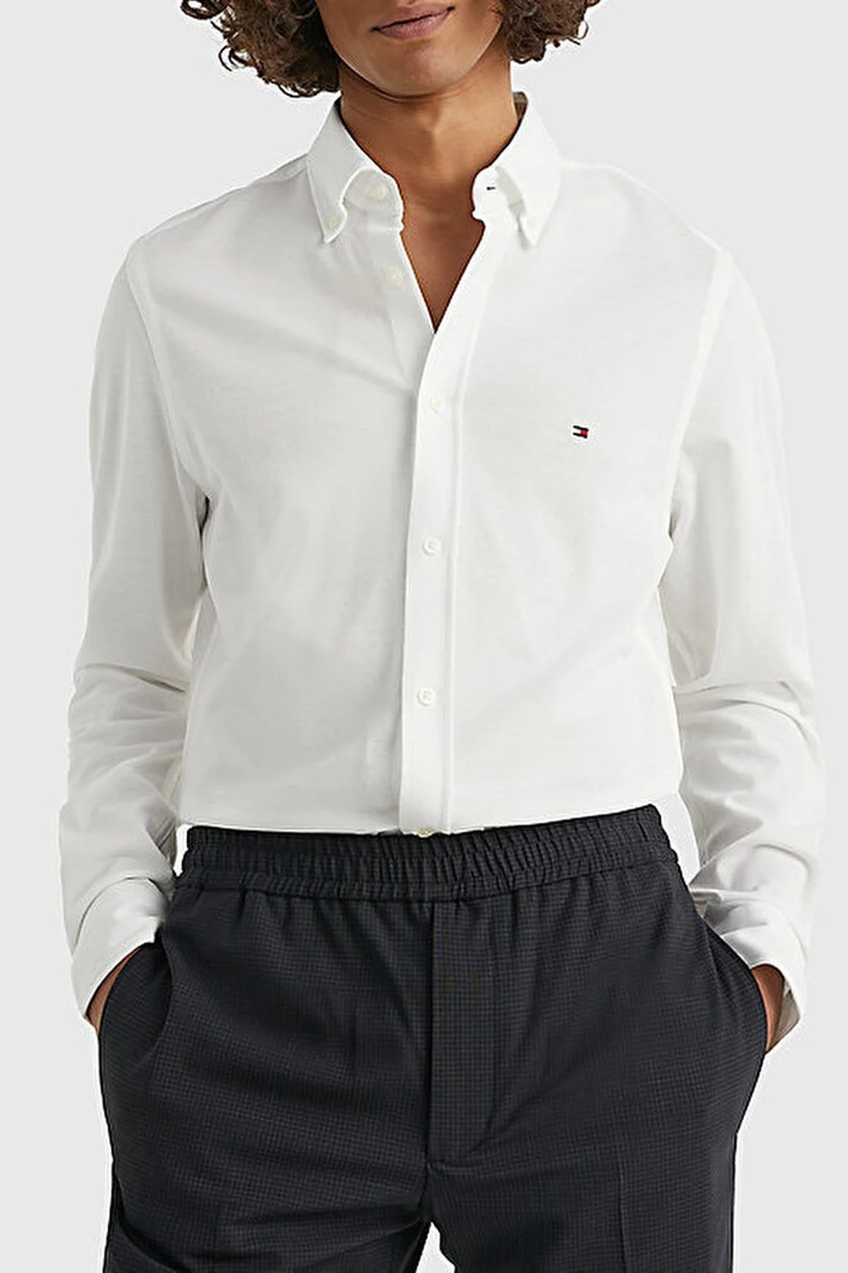 Tommy Hilfiger Düğmeli Yaka Organik Pamuklu Uzun Kollu Slim Fit Erkek Gömlek MW0MW30675 YCF BEYAZ - 6