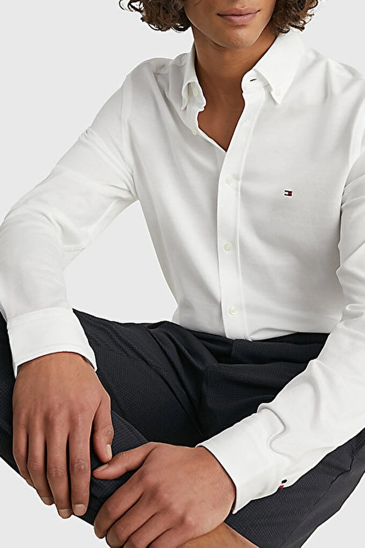 Tommy Hilfiger Düğmeli Yaka Organik Pamuklu Uzun Kollu Slim Fit Erkek Gömlek MW0MW30675 YCF BEYAZ - 8