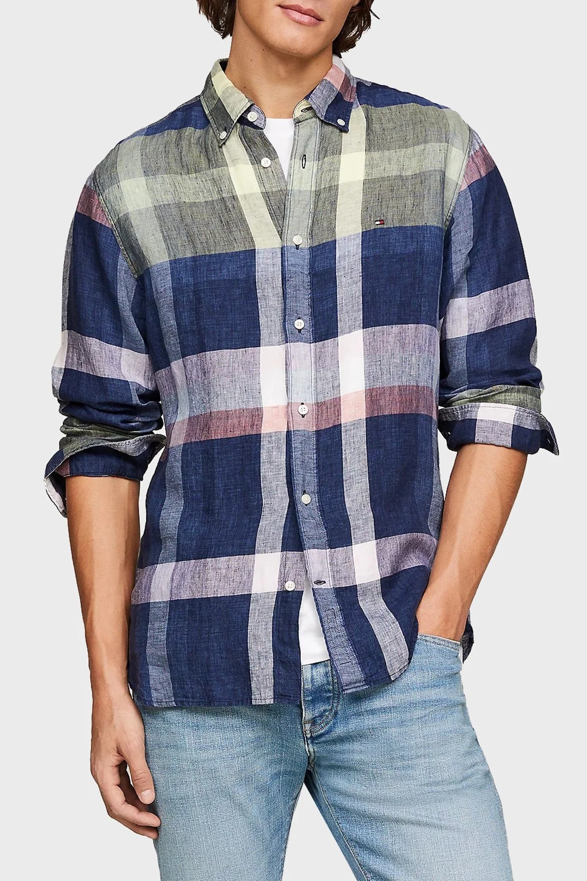 Tommy Hilfiger Ekose Desenli % 100 Keten Regular Fit Erkek Gömlek MW0MW34603 0MS LACİVERT-BEYAZ - 1