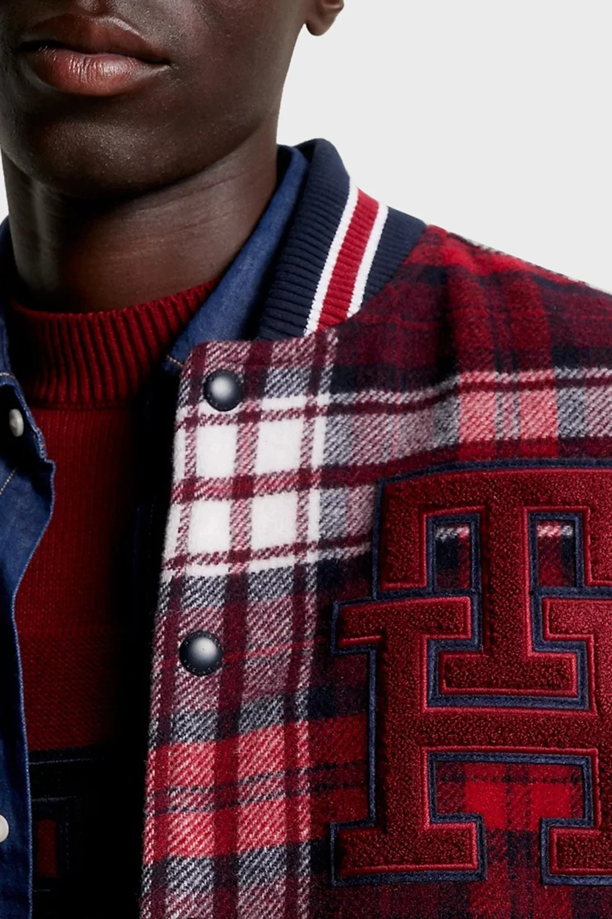 Tommy Hilfiger Ekose Desenli Yün Karışımlı Regular Fit Bomber Erkek Ceket MW0MW34023 0QM KIRMIZI - 4