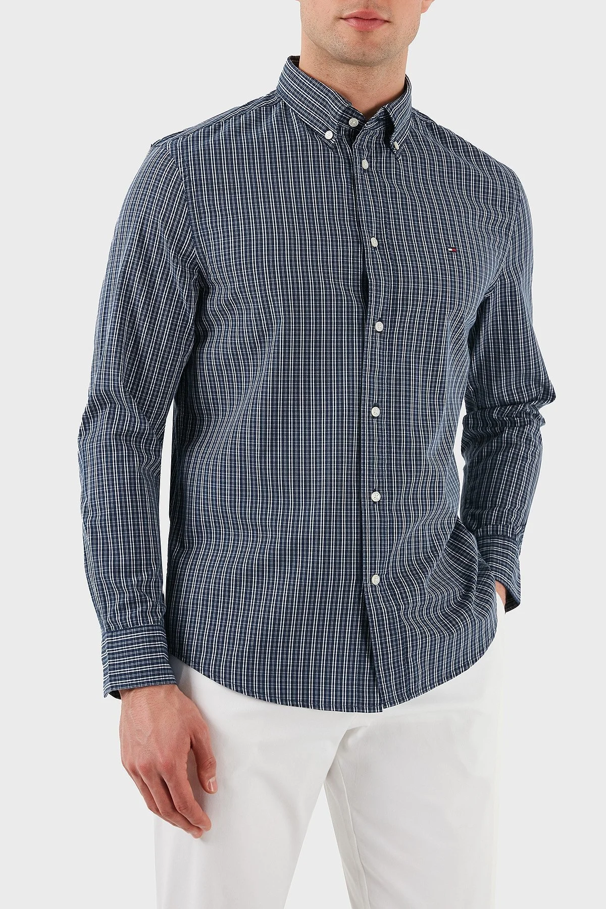 Tommy Hilfiger Kareli % 100 Pamuk Regular Fit Düğmeli Yaka Erkek Gömlek MW0MW37552 0MT MAVİ - 1