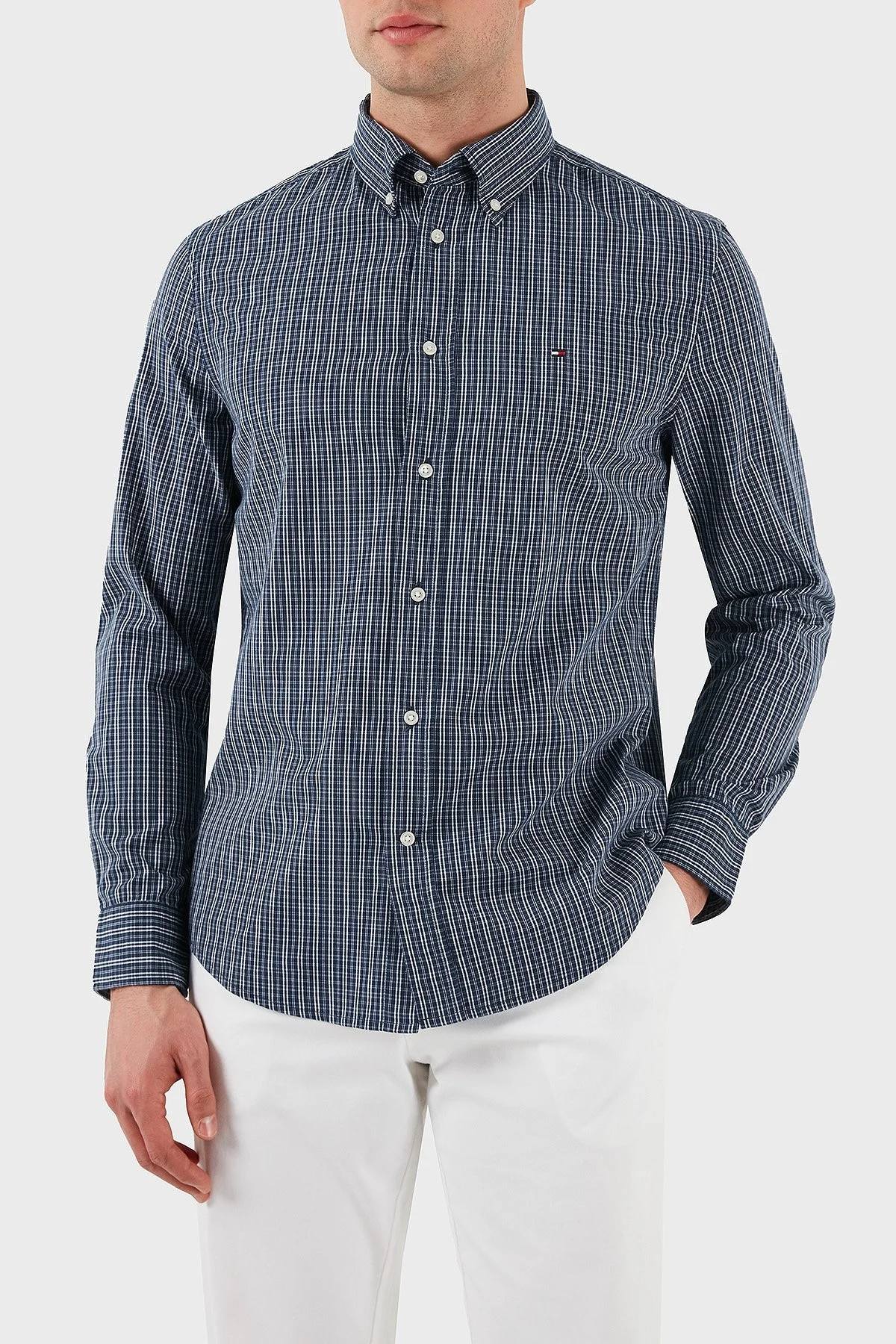 Tommy Hilfiger Kareli % 100 Pamuk Regular Fit Düğmeli Yaka Erkek Gömlek MW0MW37552 0MT MAVİ - 4