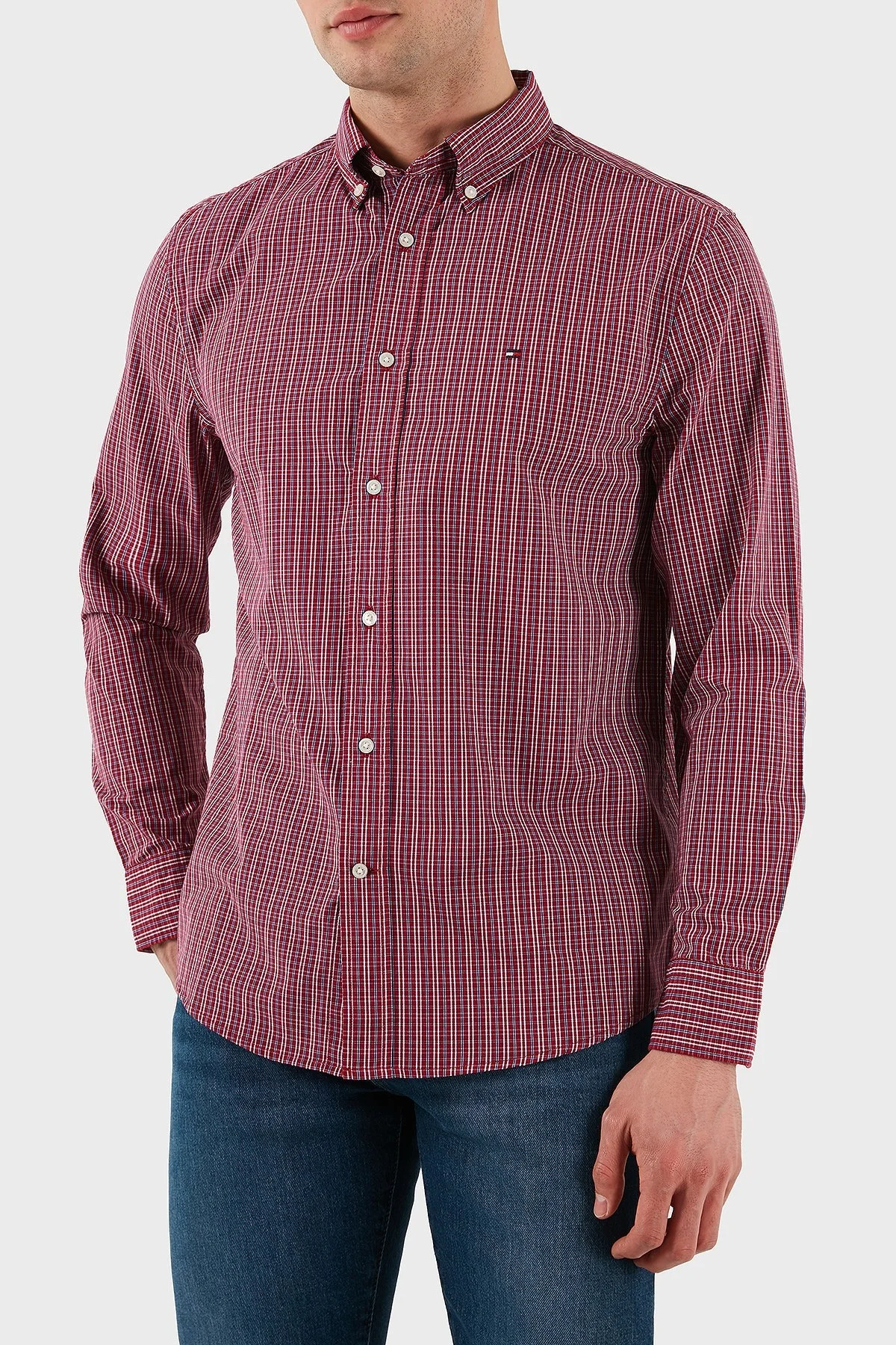 Tommy Hilfiger Kareli % 100 Pamuk Regular Fit Düğmeli Yaka Erkek Gömlek MW0MW37552 0QJ KIRMIZI - 7