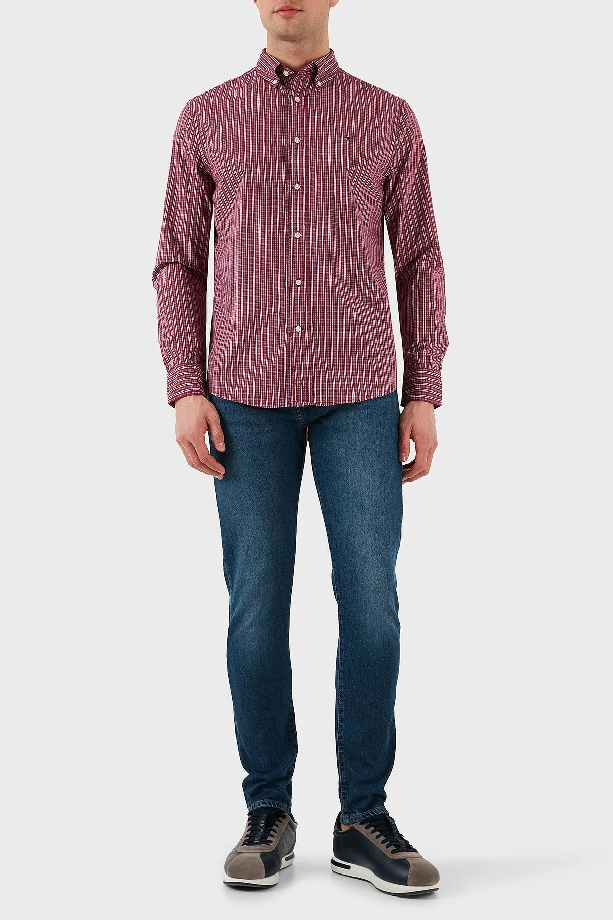 Tommy Hilfiger Kareli % 100 Pamuk Regular Fit Düğmeli Yaka Erkek Gömlek MW0MW37552 0QJ KIRMIZI - 8