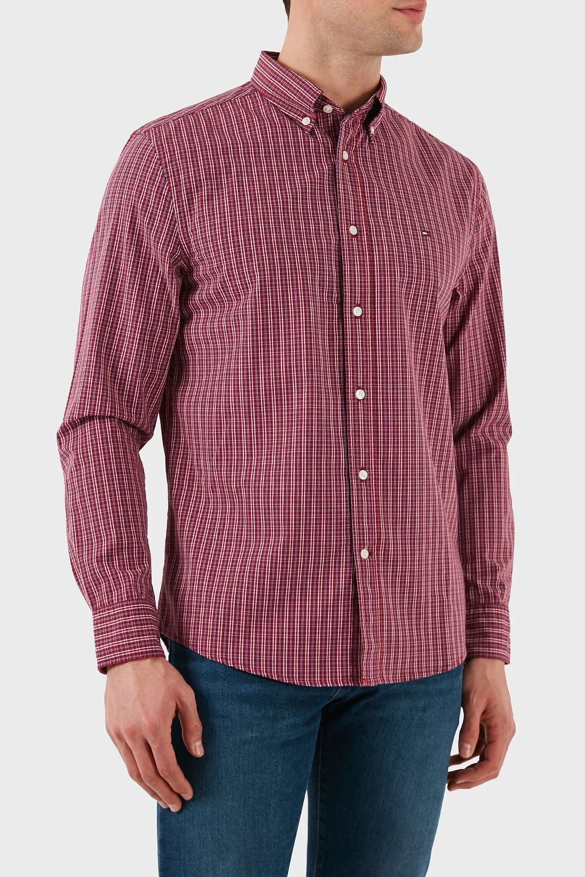 Tommy Hilfiger Kareli % 100 Pamuk Regular Fit Düğmeli Yaka Erkek Gömlek MW0MW37552 0QJ KIRMIZI - 10