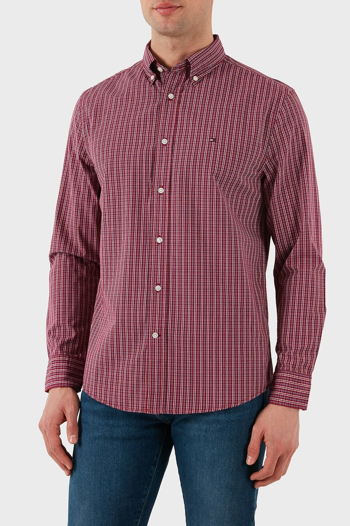 Tommy Hilfiger Kareli % 100 Pamuk Regular Fit Düğmeli Yaka Erkek Gömlek MW0MW37552 0QJ KIRMIZI - 11