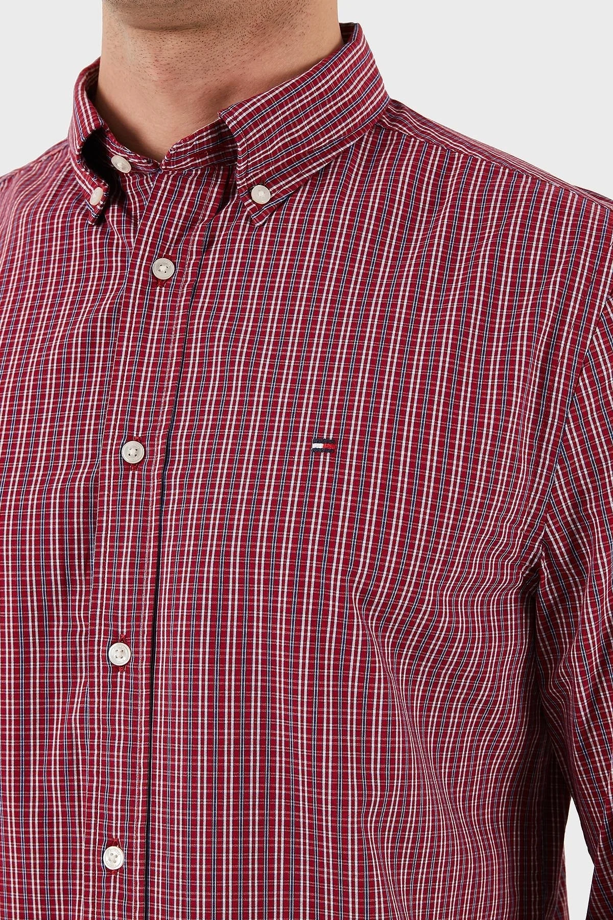 Tommy Hilfiger Kareli % 100 Pamuk Regular Fit Düğmeli Yaka Erkek Gömlek MW0MW37552 0QJ KIRMIZI - 12