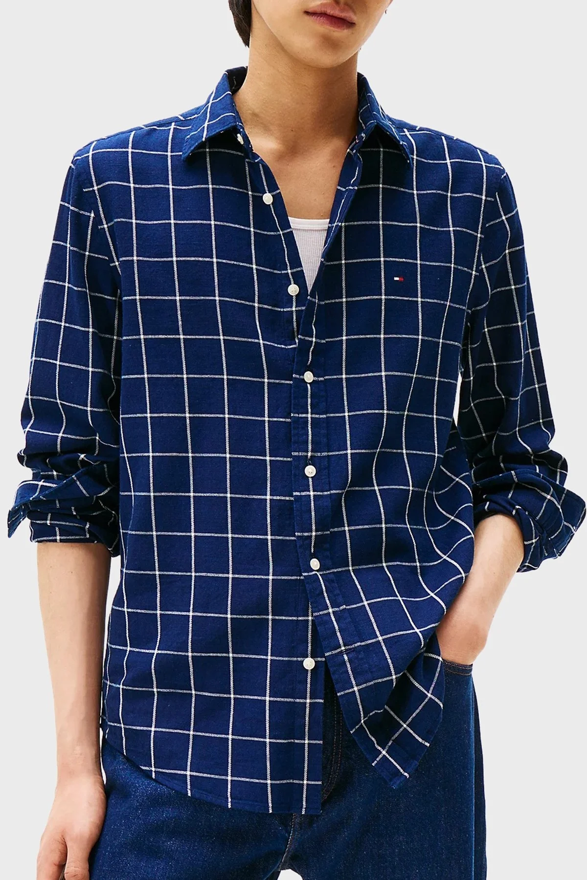 Tommy Hilfiger Kareli % 100 Pamuk Regular Fit Uzun Kollu Erkek Gömlek MW0MW40451 0MS LACİVERT-BEYAZ - 1