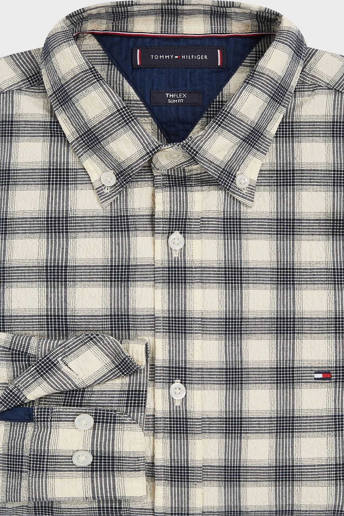 Tommy Hilfiger Kareli Pamuklu Düğmeli Yaka Slim Fit Erkek Gömlek MW0MW33770 0MT MAVİ - 4