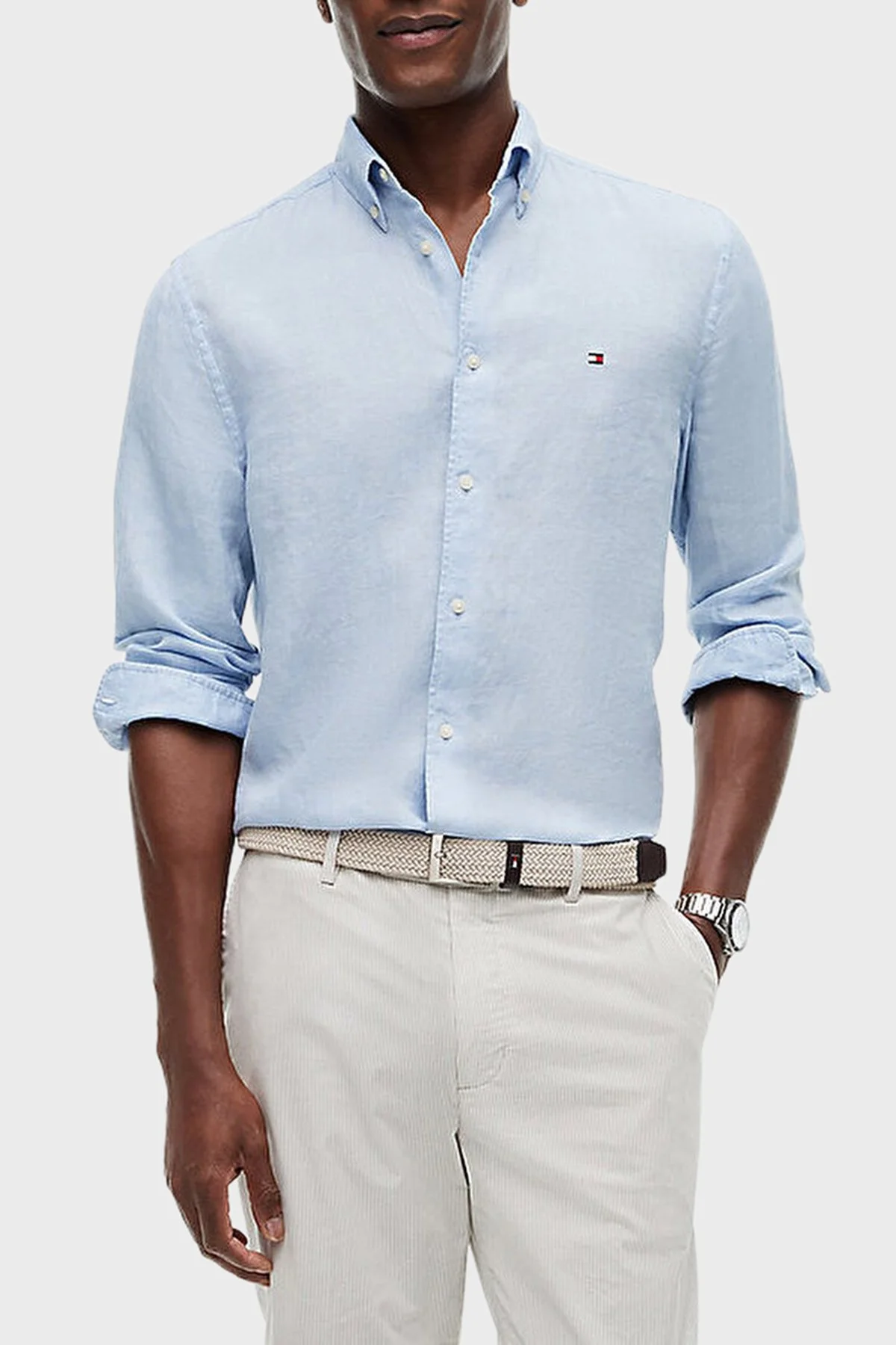 Tommy Hilfiger Keten Regular Fit Uzun Kollu Erkek Gömlek MW0MW41530 C1O AÇIK MAVİ - 1