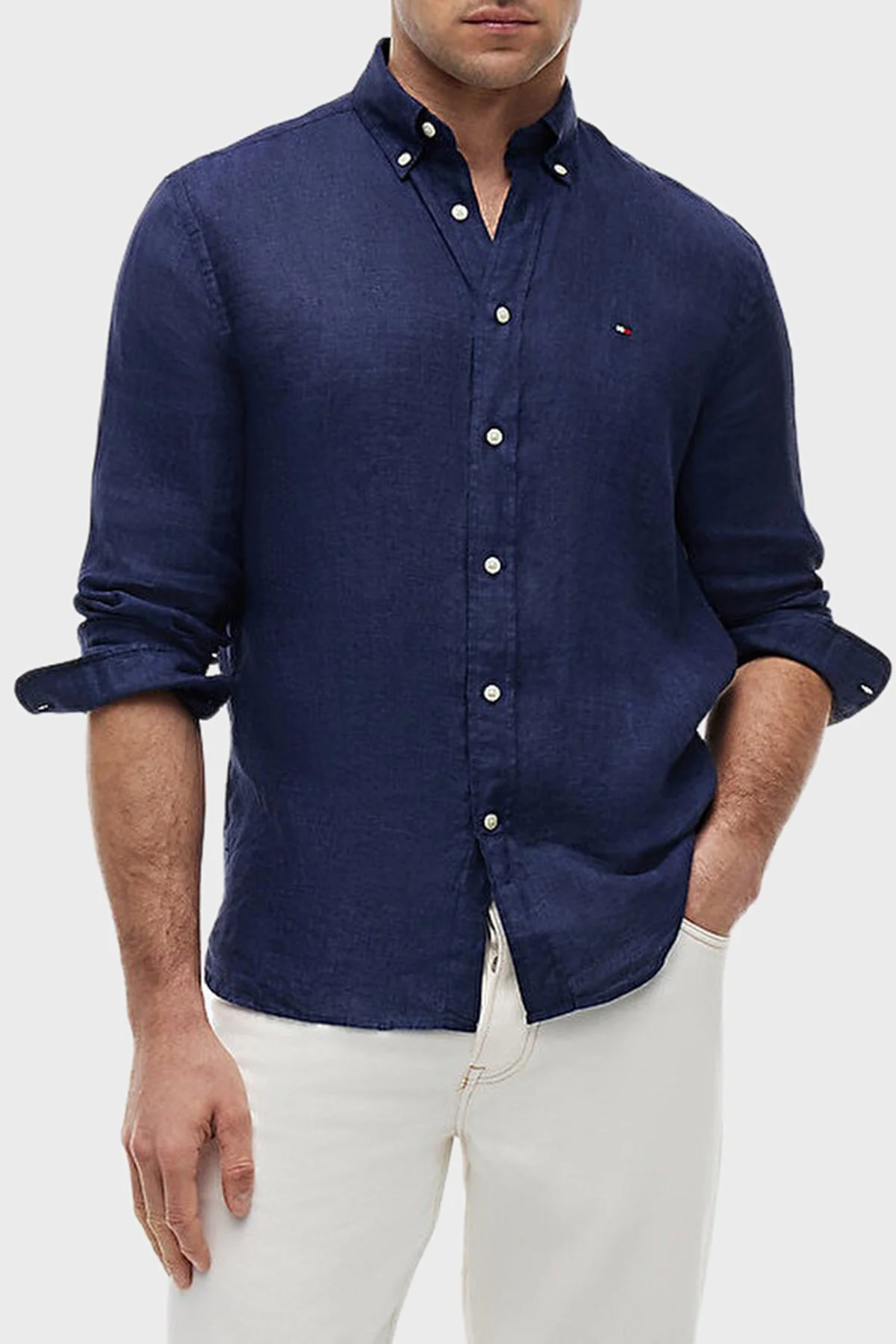 Tommy Hilfiger Keten Regular Fit Uzun Kollu Erkek Gömlek MW0MW41530 DCC LACİVERT - 1