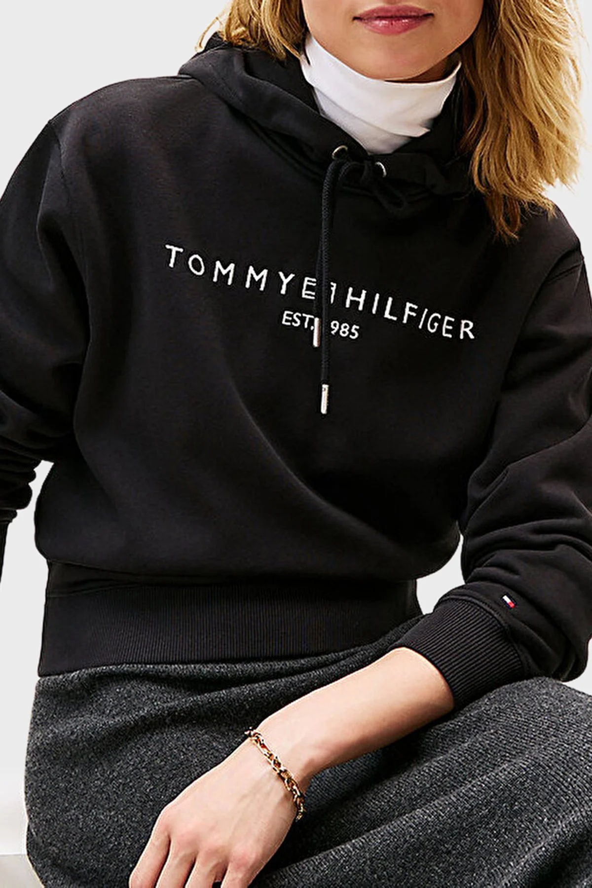 Tommy Hilfiger Logo İşlemeli Regular Fit Kapüşonlu Bayan Sweat WW0WW43598 BDS SİYAH - 4