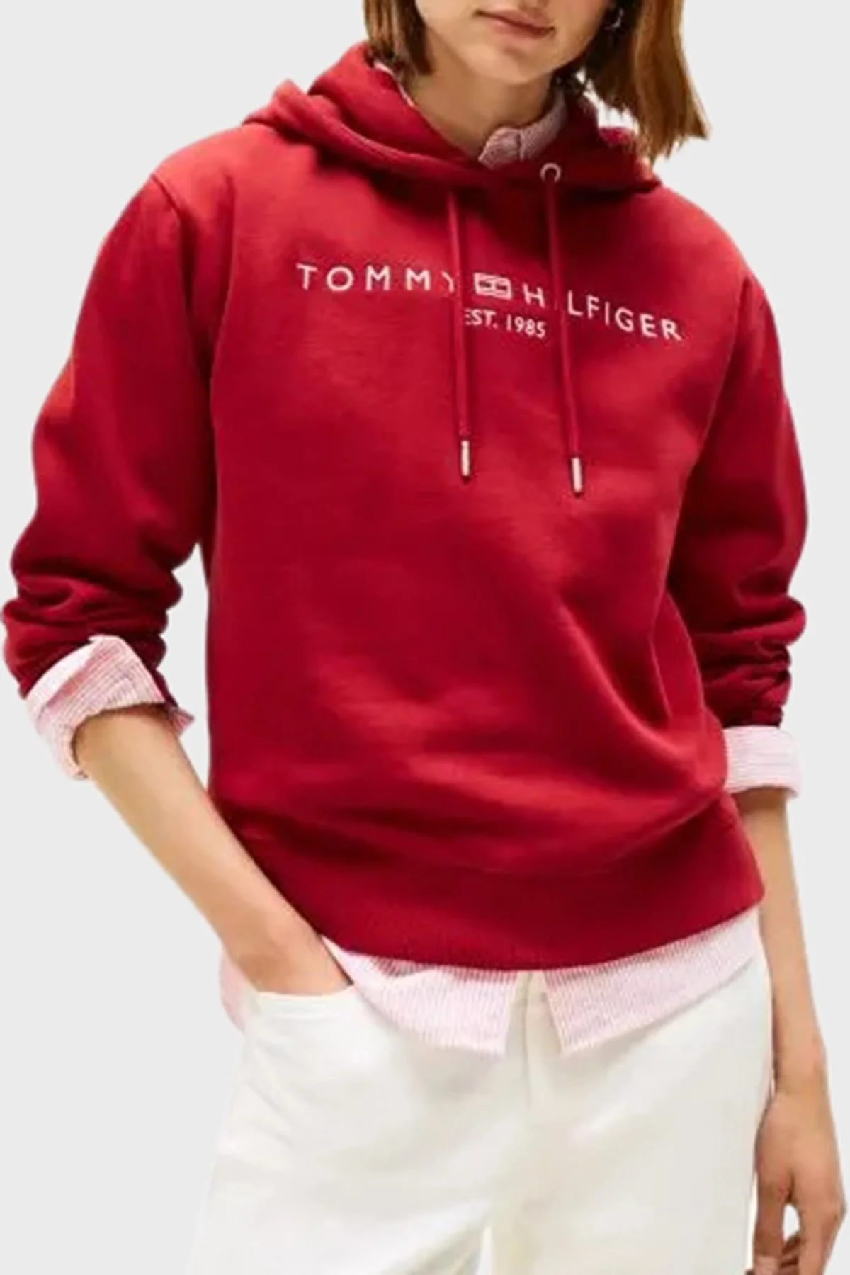 Tommy Hilfiger Logo İşlemeli Regular Fit Kapüşonlu Bayan Sweat WW0WW43598 XIT KIRMIZI - 1