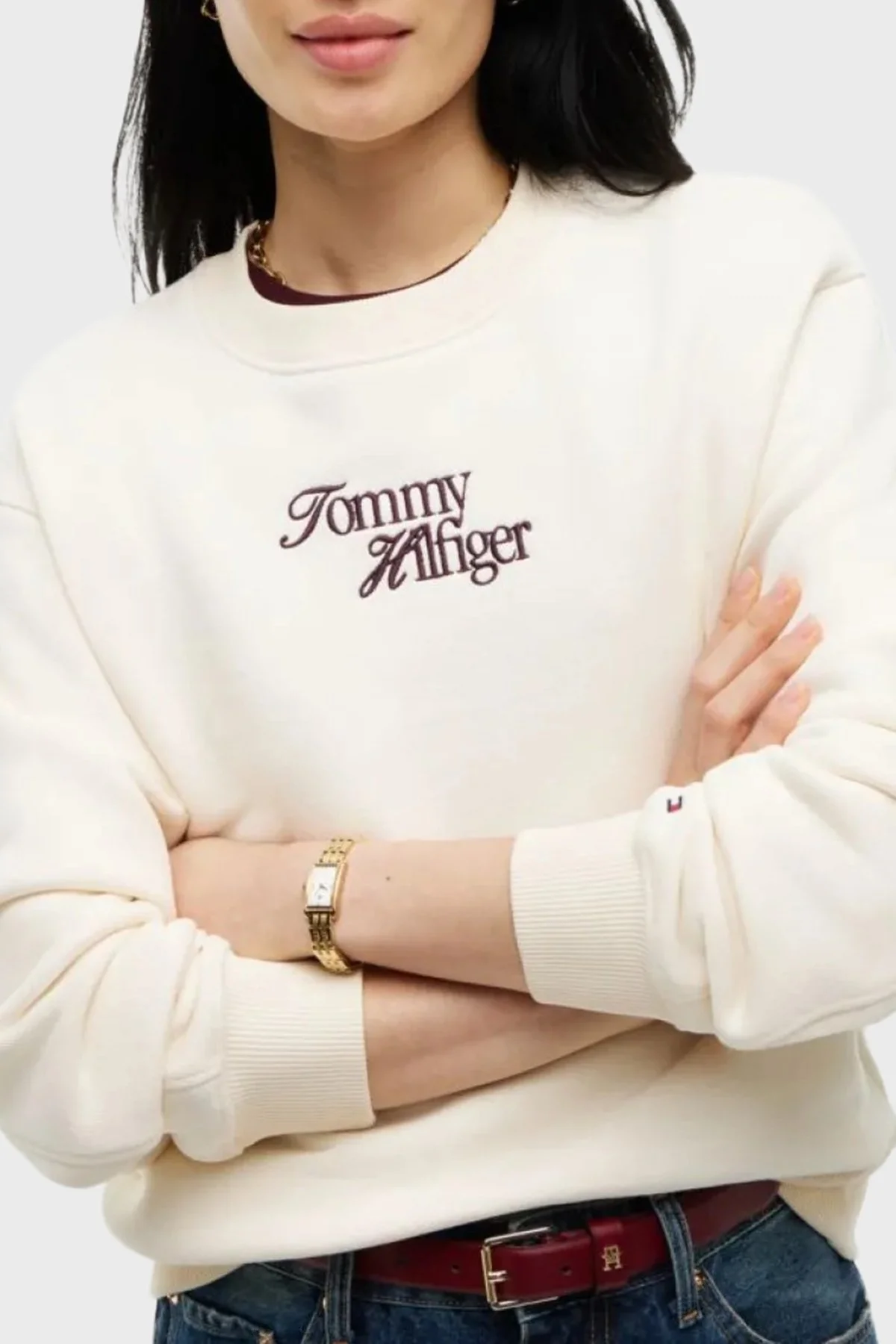 Tommy Hilfiger Logo Nakışlı Pamuklu Bisiklet Yaka Kadın Sweat WW0WW51598 AEF Bej - 4