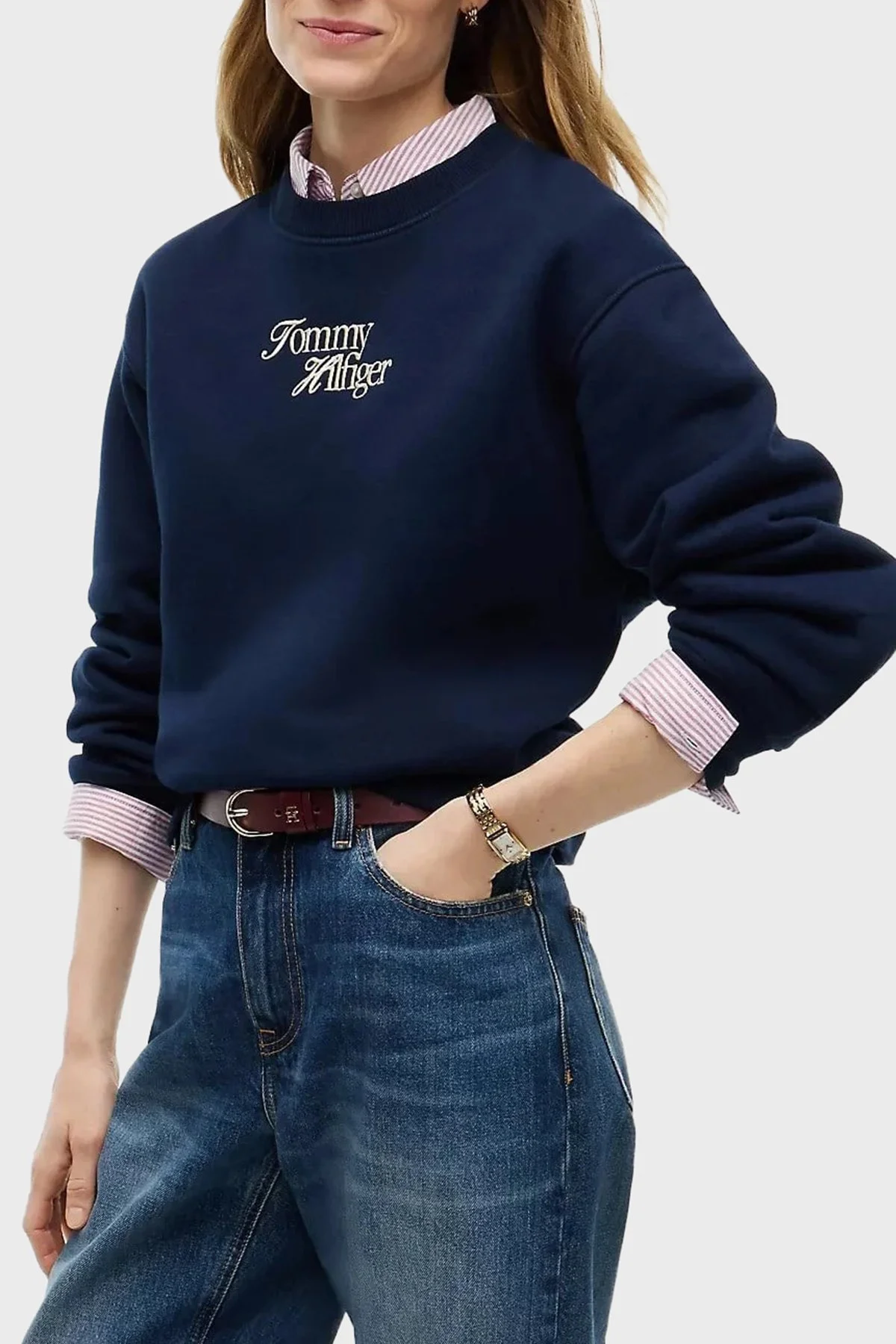 Tommy Hilfiger Logo Nakışlı Pamuklu Bisiklet Yaka Kadın Sweat WW0WW51598 C1G Lacivert - 1