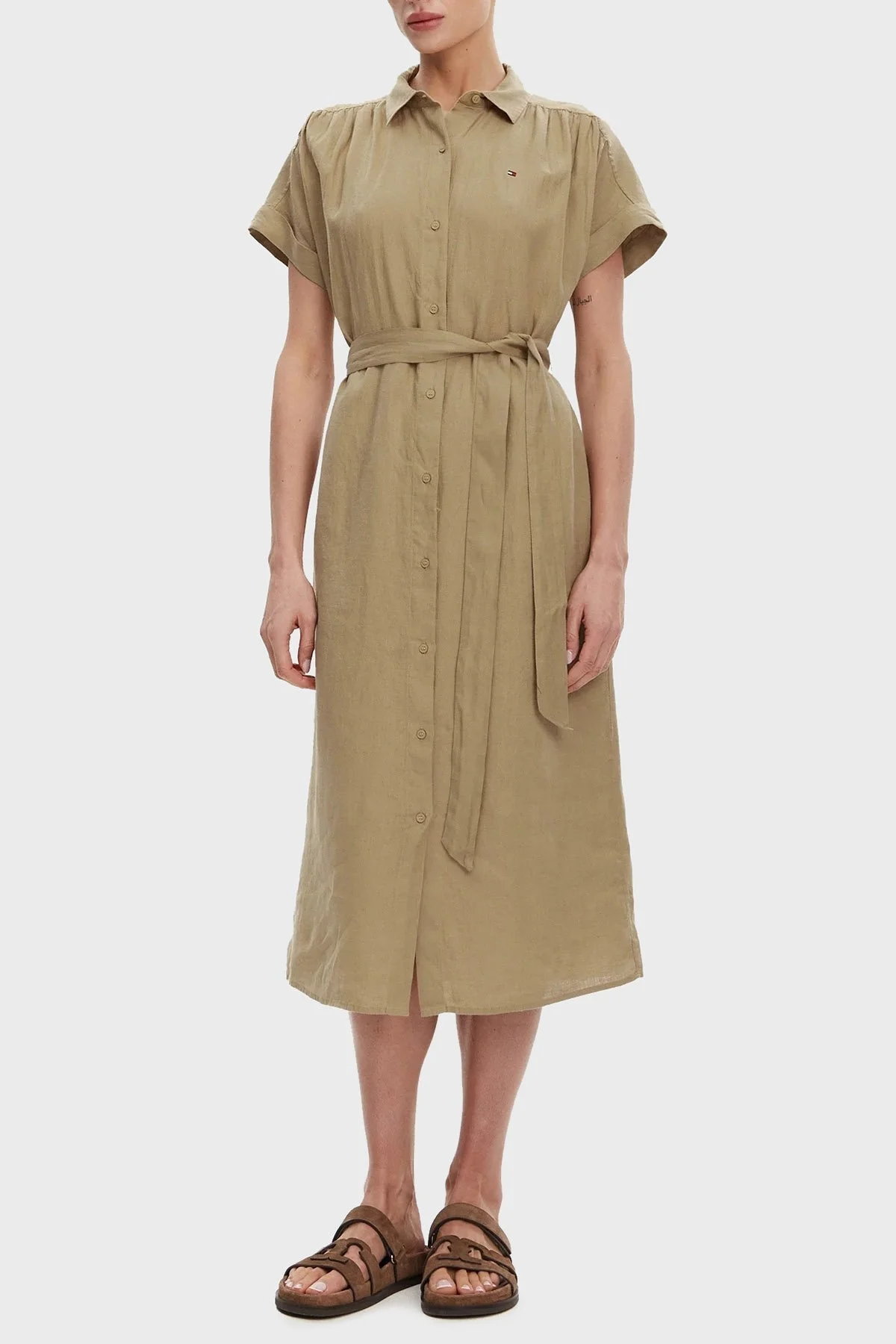Tommy Hilfiger Logolu % 100 Keten Regular Fit Kemerli Bayan Gömlek Elbise WW0WW44653 AEH CAMEL - 6