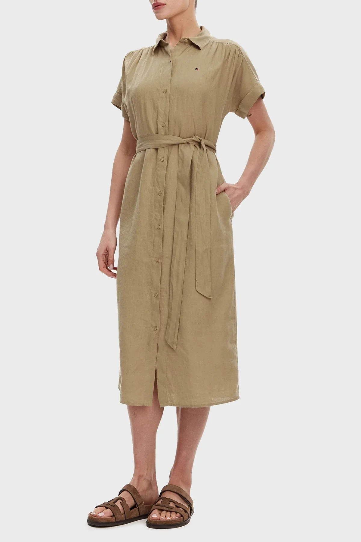 Tommy Hilfiger Logolu % 100 Keten Regular Fit Kemerli Bayan Gömlek Elbise WW0WW44653 AEH CAMEL - 7
