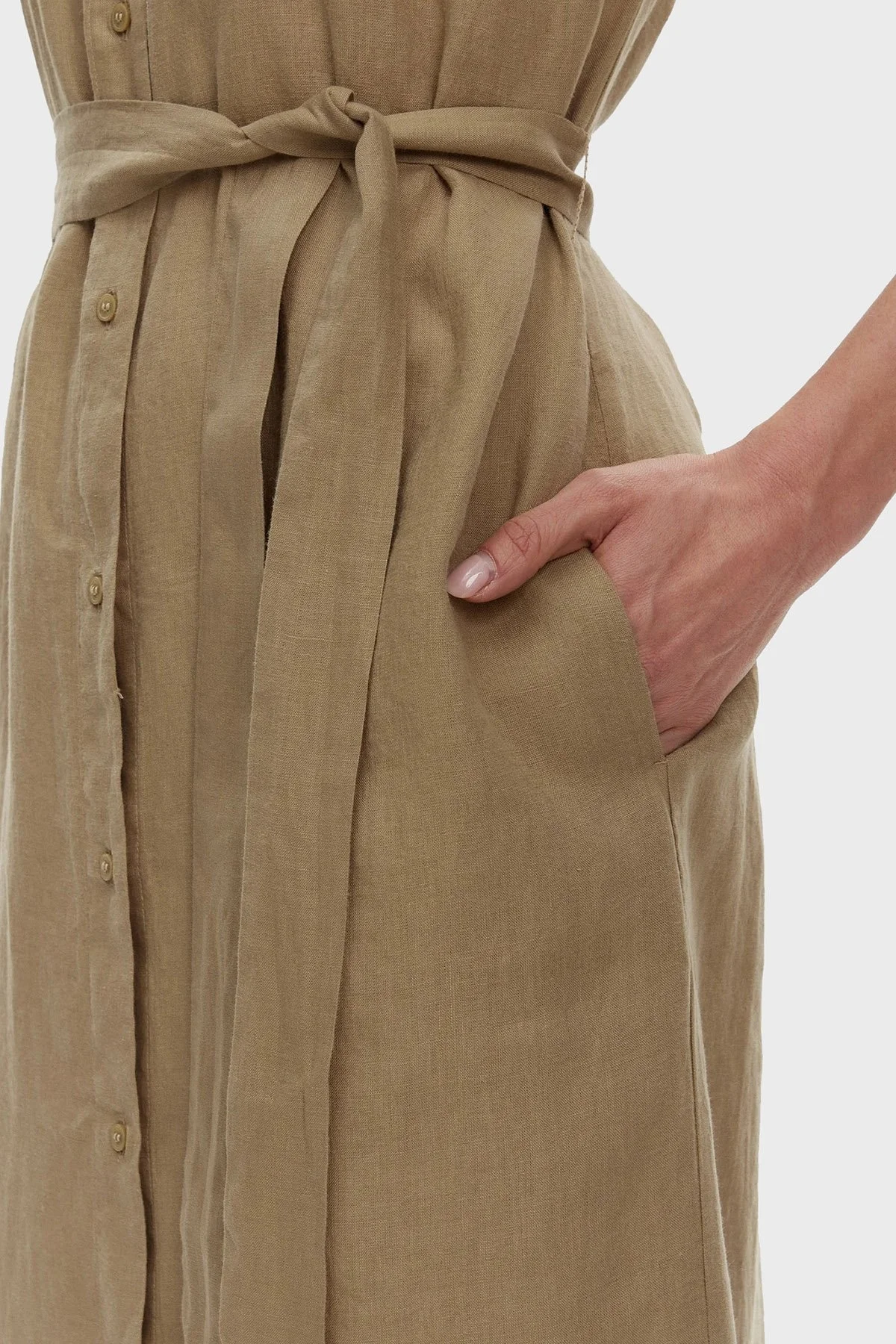 Tommy Hilfiger Logolu % 100 Keten Regular Fit Kemerli Bayan Gömlek Elbise WW0WW44653 AEH CAMEL - 10