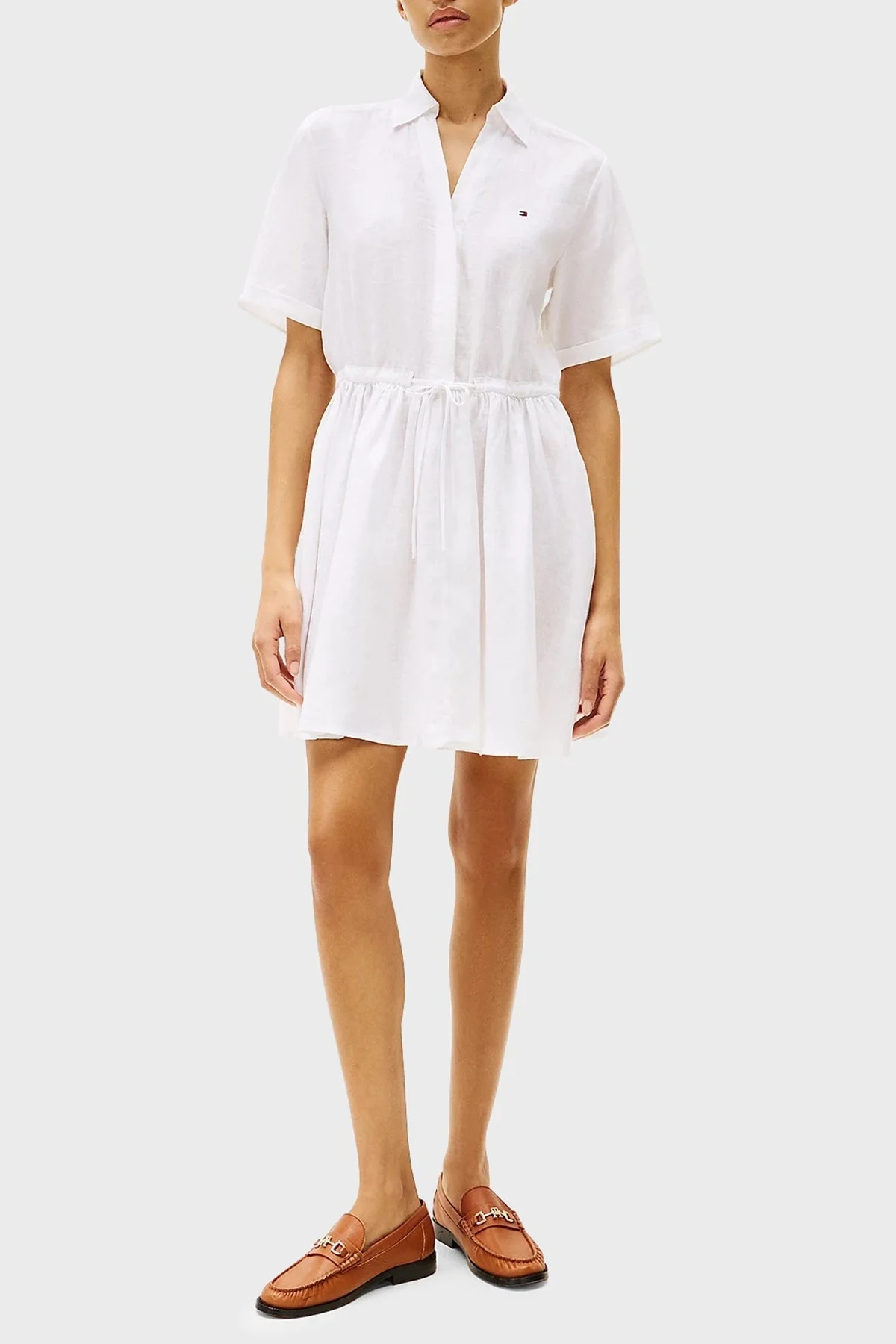 Tommy Hilfiger Logolu % 100 Keten Regular Fit Mini Boy Bayan Gömlek Elbise WW0WW44672 YCF BEYAZ - 6