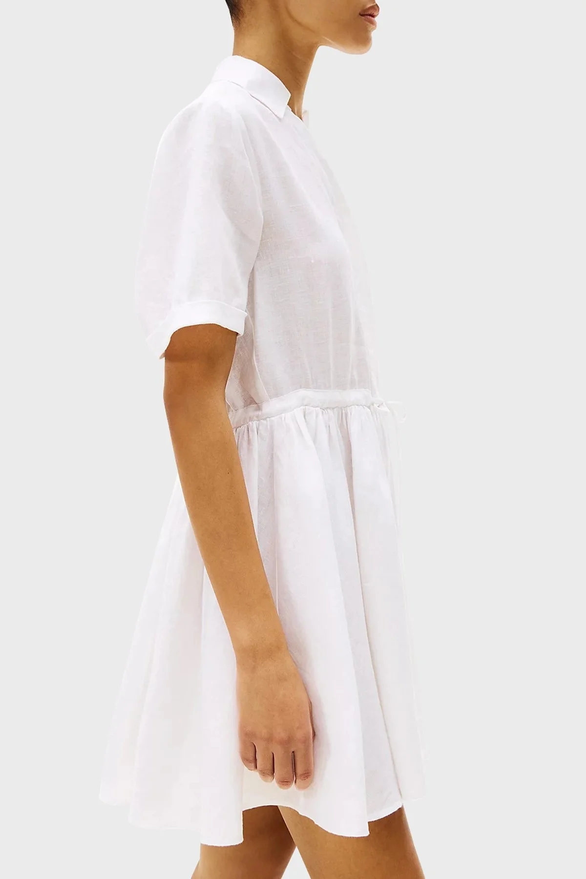 Tommy Hilfiger Logolu % 100 Keten Regular Fit Mini Boy Bayan Gömlek Elbise WW0WW44672 YCF BEYAZ - 7