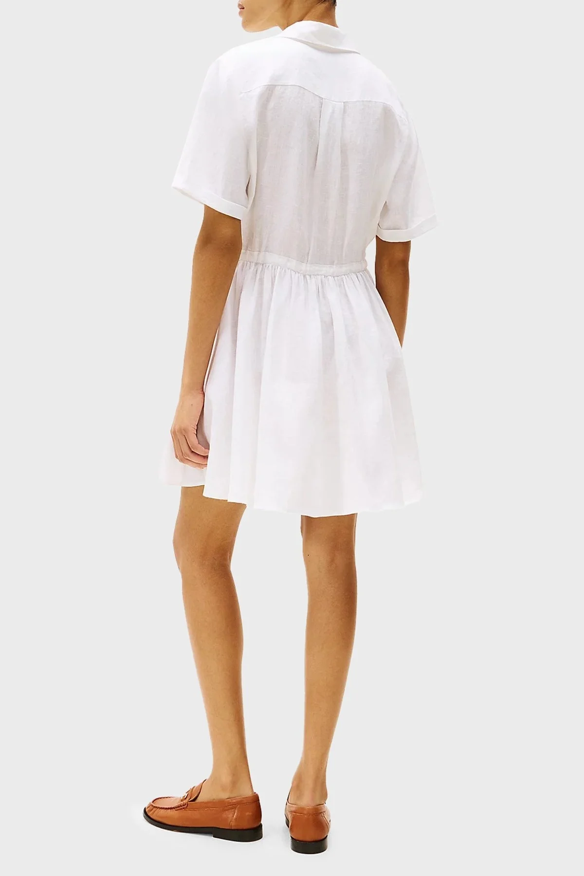 Tommy Hilfiger Logolu % 100 Keten Regular Fit Mini Boy Bayan Gömlek Elbise WW0WW44672 YCF BEYAZ - 8