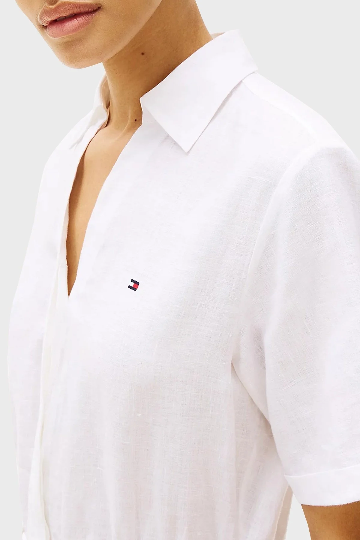 Tommy Hilfiger Logolu % 100 Keten Regular Fit Mini Boy Bayan Gömlek Elbise WW0WW44672 YCF BEYAZ - 9