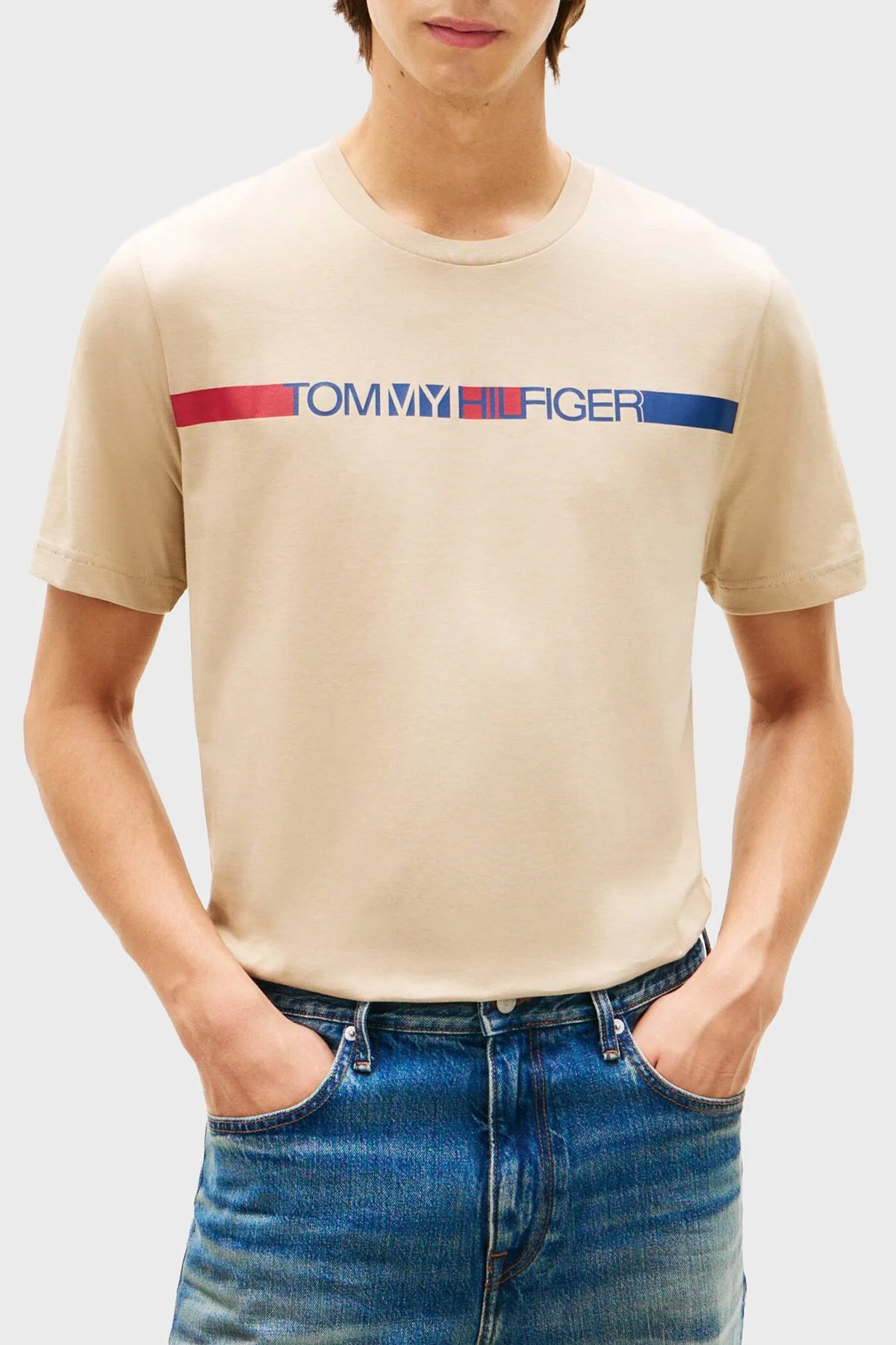 Tommy Hilfiger Logolu % 100 Pamuk Bisiklet Yaka Erkek T Shirt MW0MW42368 RBT KUM - 1