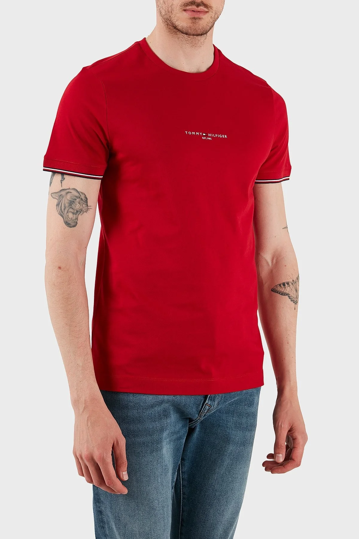 Tommy Hilfiger Logolu % 100 Pamuk Bisiklet Yaka Slim Fit Erkek T Shirt MW0MW32584 XLD KIRMIZI - 14