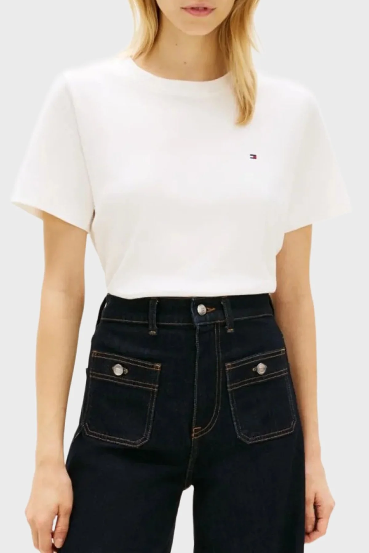 Tommy Hilfiger Logolu % 100 Pamuk Boxy Fit Bisiklet Yaka Bayan T Shirt WW0WW49646 YBL BEYAZ - 1