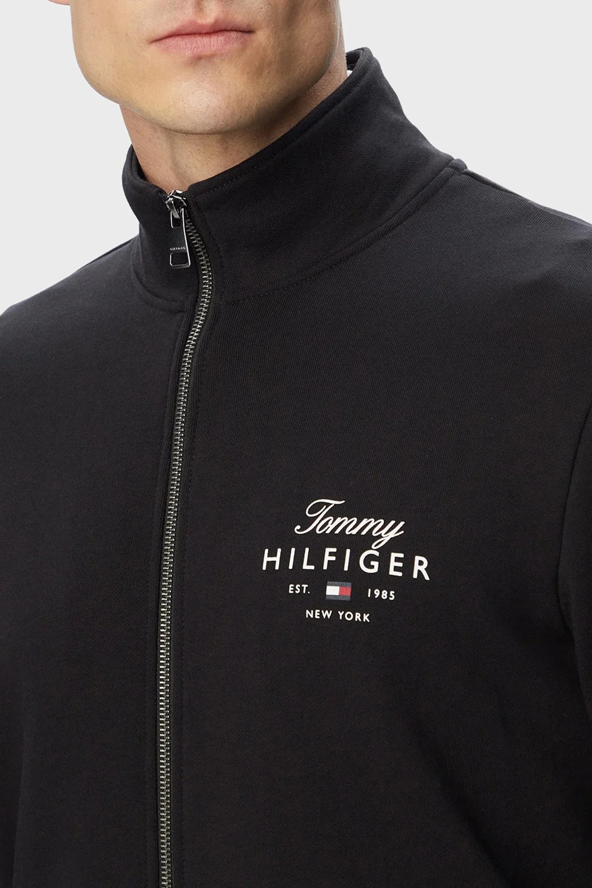 Tommy Hilfiger Logolu % 100 Pamuk Dik Yaka Fermuarlı Erkek Sweat MW0MW43219 BDS Siyah - 4