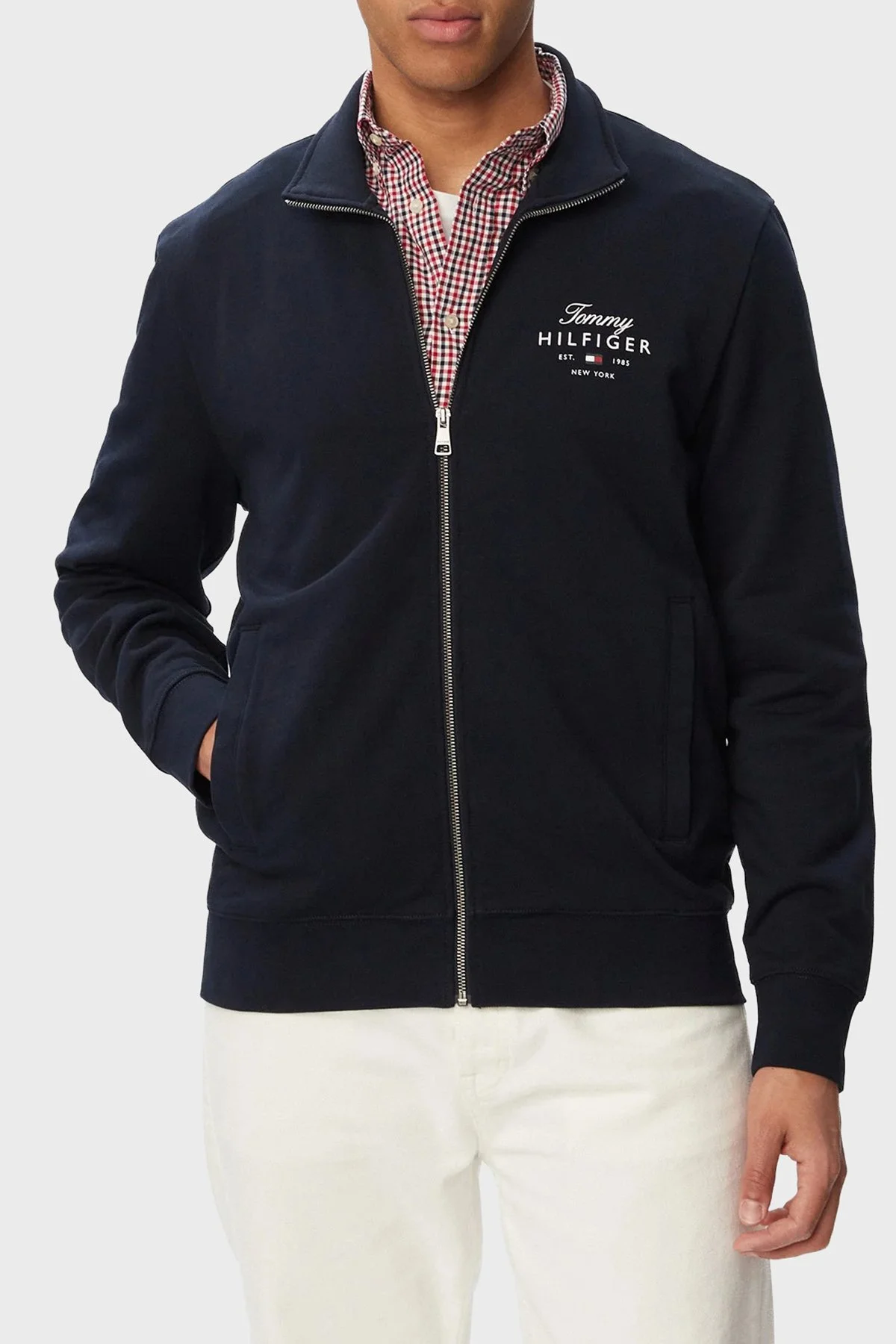 Tommy Hilfiger Logolu % 100 Pamuk Dik Yaka Fermuarlı Erkek Sweat MW0MW43219 DW5 Lacivert - 1