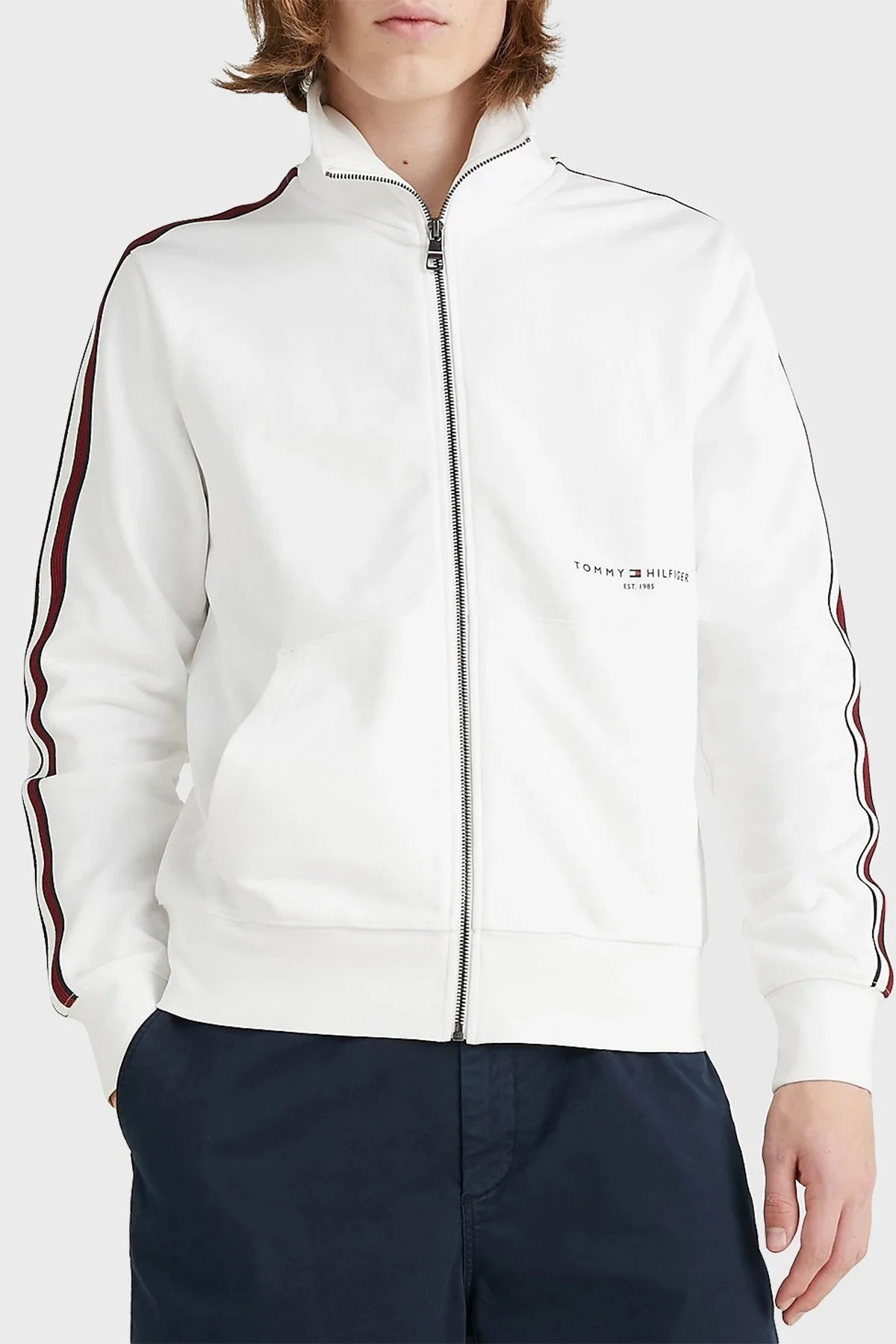 Tommy Hilfiger Logolu % 100 Pamuk Dik Yaka Regular Fit Cepli Erkek Sweat MW0MW30020 YBR BEYAZ - 1