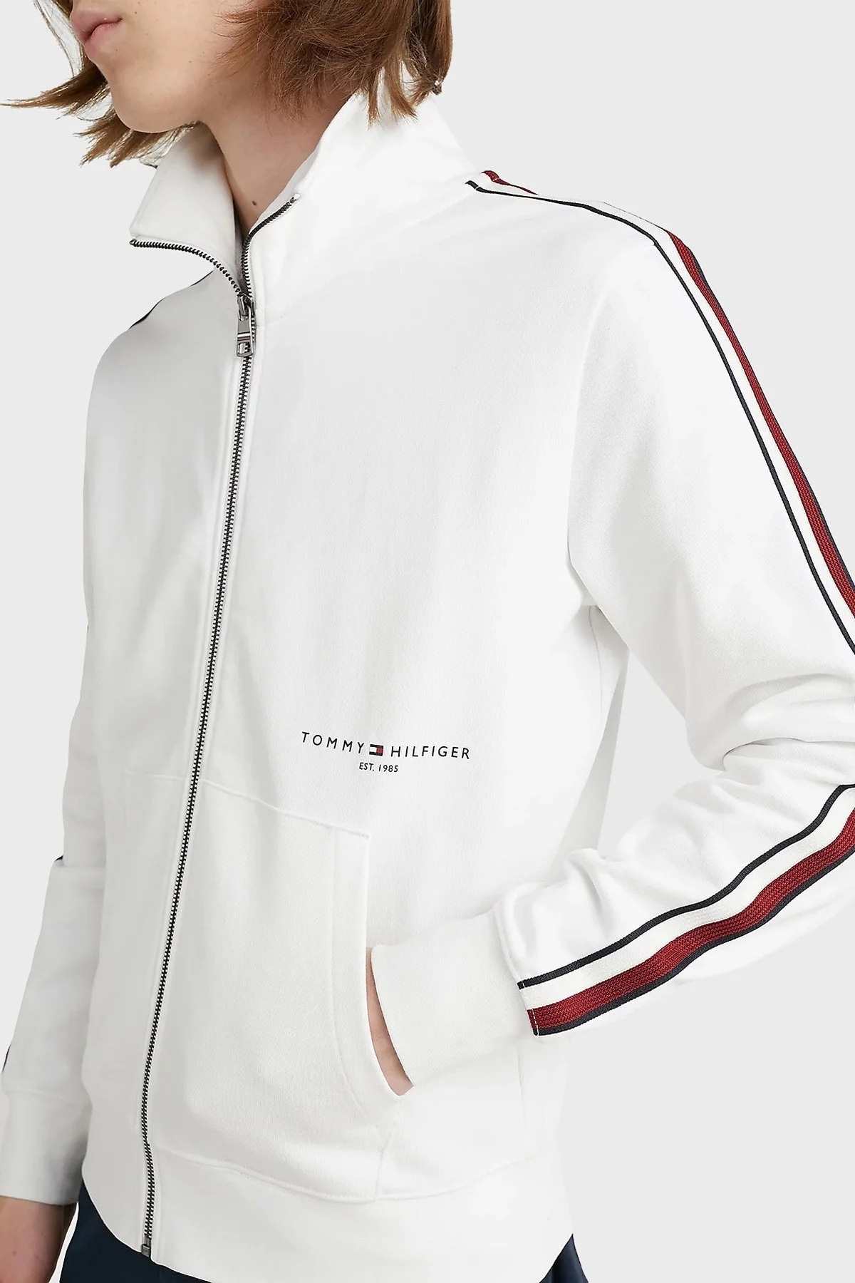 Tommy Hilfiger Logolu % 100 Pamuk Dik Yaka Regular Fit Cepli Erkek Sweat MW0MW30020 YBR BEYAZ - 3