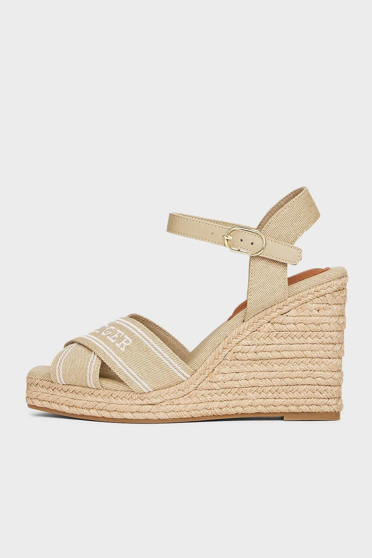 Tommy Hilfiger Logolu % 100 Pamuk Dolgu Topuklu Bayan Sandalet FW0FW08668 ACC BEJ - 2