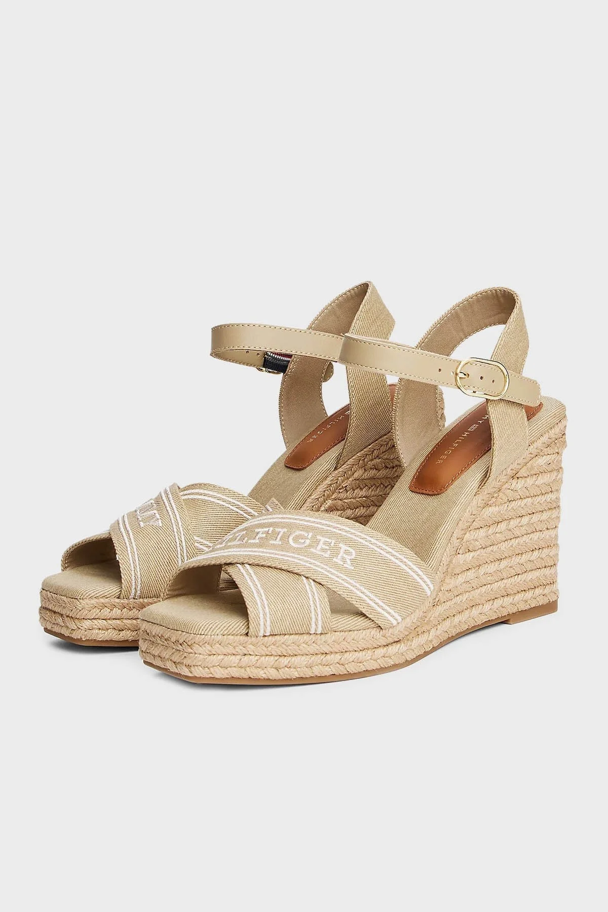 Tommy Hilfiger Logolu % 100 Pamuk Dolgu Topuklu Bayan Sandalet FW0FW08668 ACC BEJ - 3