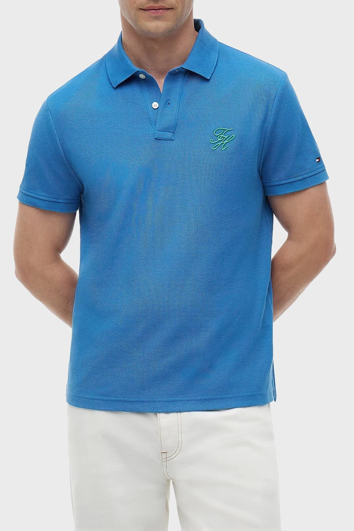Tommy Hilfiger Logolu % 100 Pamuk Düğmeli Erkek Polo Yaka T Shirt MW0MW43046 C4U MAVİ - 1