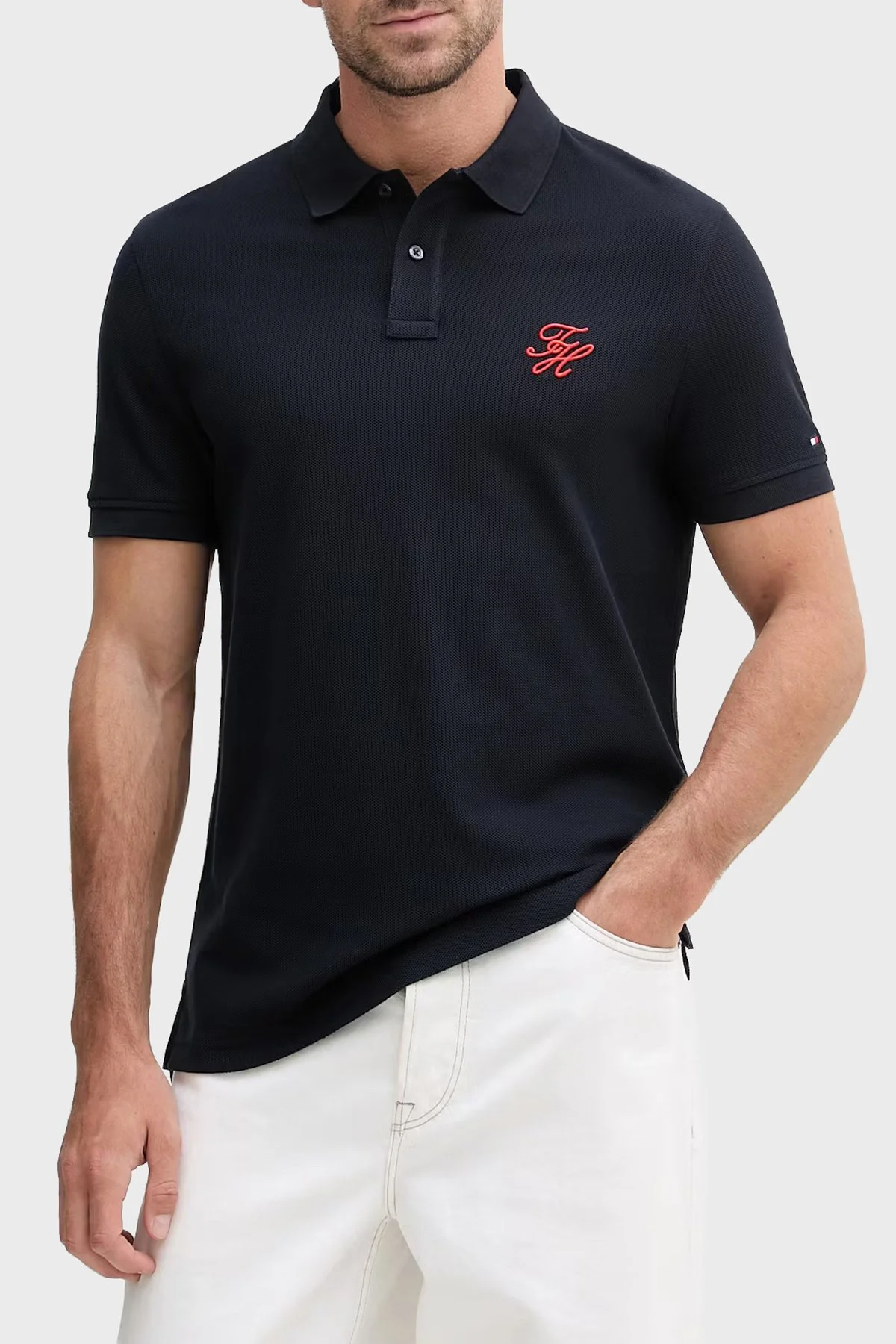Tommy Hilfiger Logolu % 100 Pamuk Düğmeli Erkek Polo Yaka T Shirt MW0MW43046 DW5 LACİVERT - 1